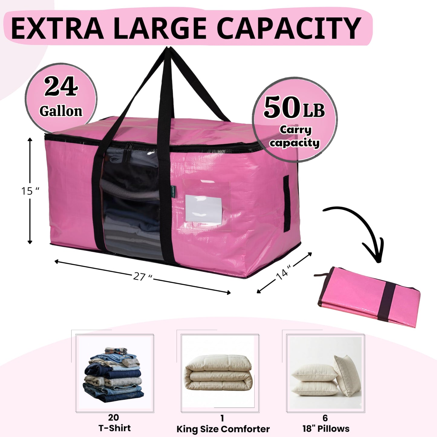 LALABAG 6-Pack Extra Large Moving Bags with Backpack Straps & Side Handles, 50 lbs Heavy Duty Storage Totes, Water-Resistant Clothes Packing Boxes Alternative (Pink)
