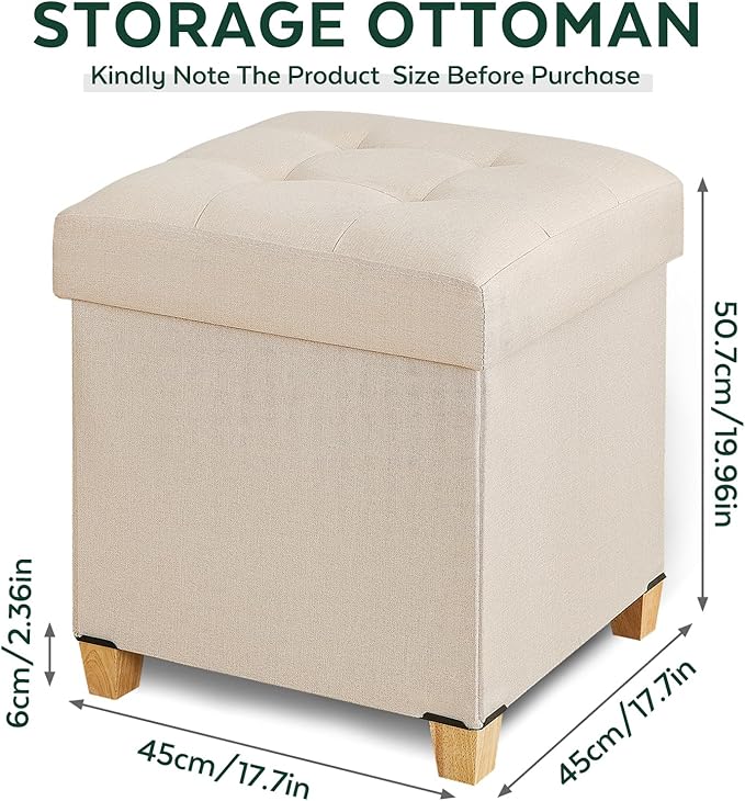 17.7" Ottoman with Storage, Square Storage Ottoman for Dorm, Linen Ottomans with Legs for Living Room, Bedroom, Beige