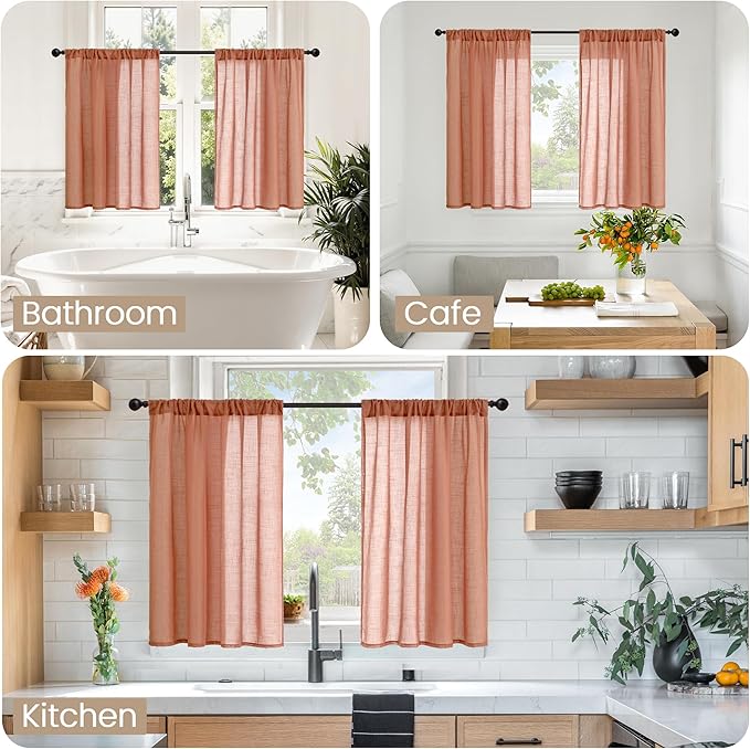 BGment Terracotta Linen Kitchen Curtains 36 Inch Length, Small Semi Sheer Textured Drapes Boho Rustic Decor for Bathroom Cafe Over Sink Rod Pocket Burnt Orange, 2 Panels, Each 30 Inch Wide