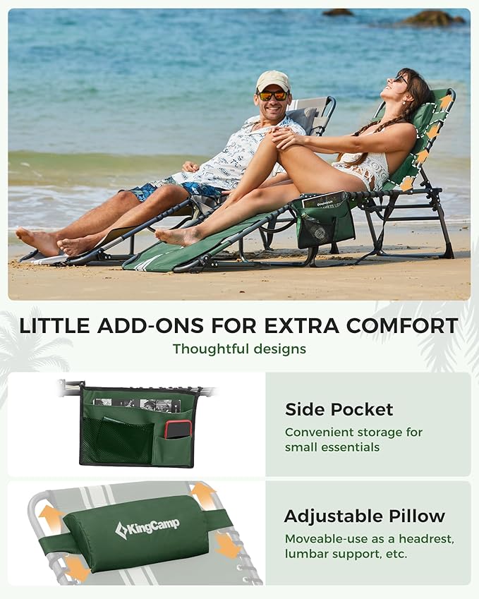KingCamp 2 Pack Folding Lounge Chair Outdoor, Tanning Chair with Face Hole Comfy Adjustable 5-Position Foldable Chaise Chaser Lounger for Outside Beach Patio Sun Bathing Pool, Green/White