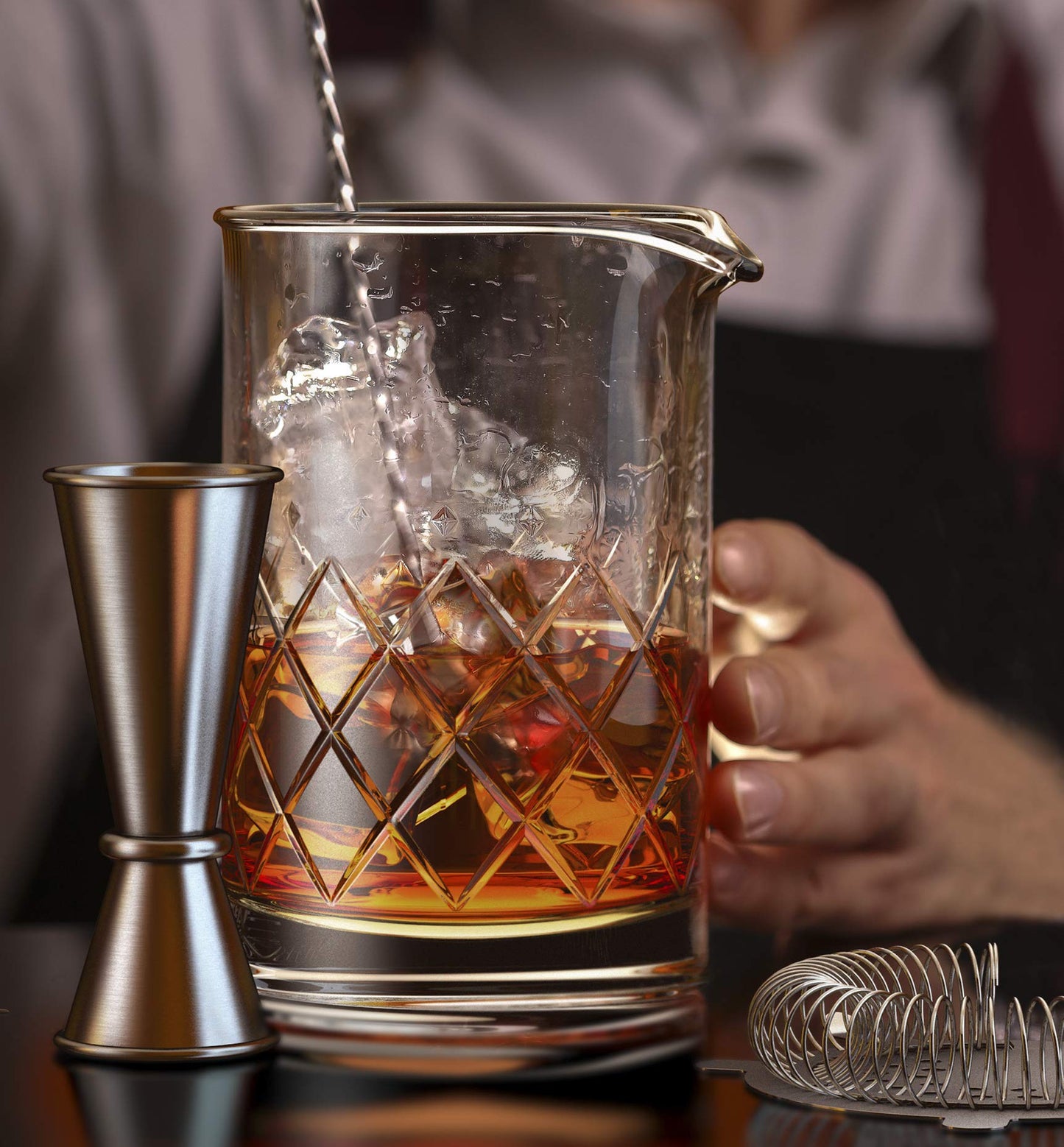 MOFADO. Premium Crystal Cocktail Mixing Glass Set - Bartender Tools/Bar Accessories - Thick Bottom Pitcher/Beaker,Jigger, Muddler, Spoon-4 piece (24 Oz)