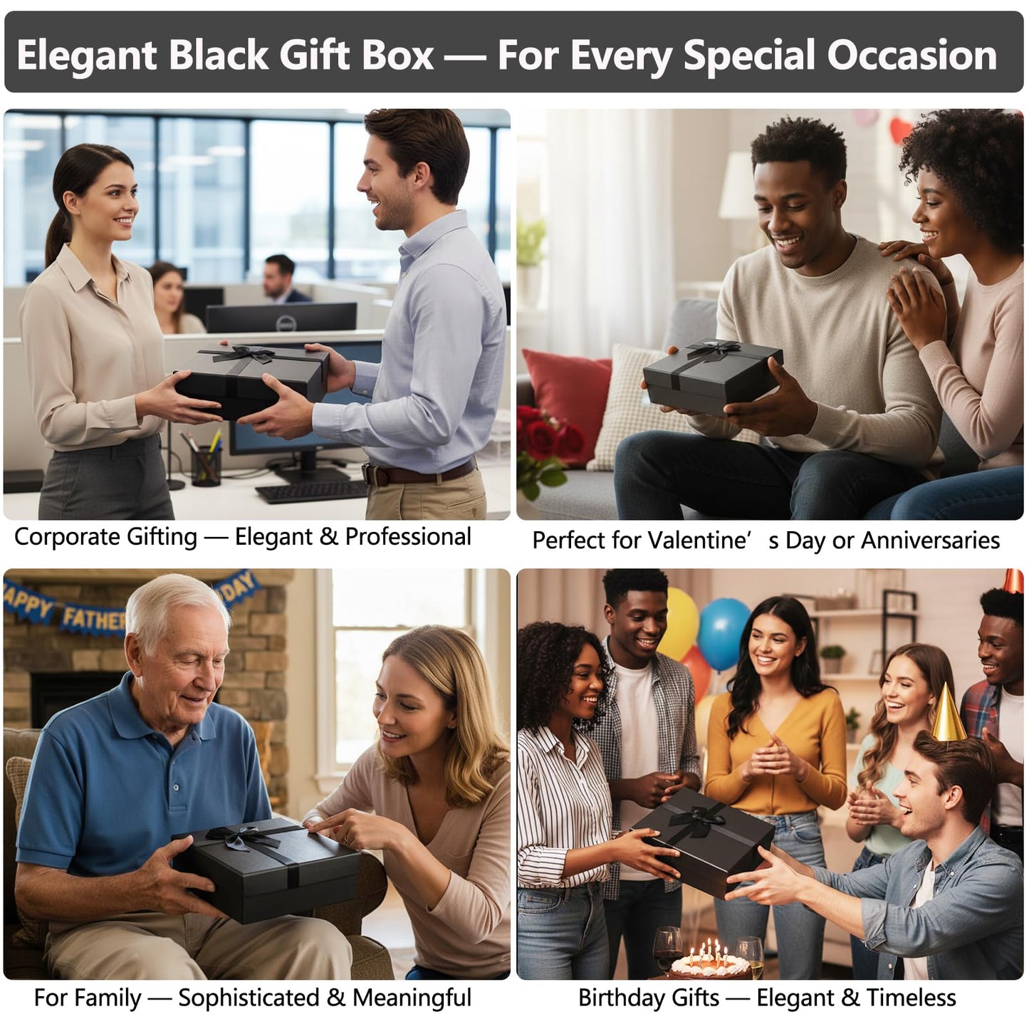 Giftilious Black Gift Box with Lids – A set of 4 Elegant Gift Boxes for Presents, Sturdy Nesting Design for Valentine's Day, Anniversaries, Birthday, Wedding, Ready to Gift – No Assembly Required