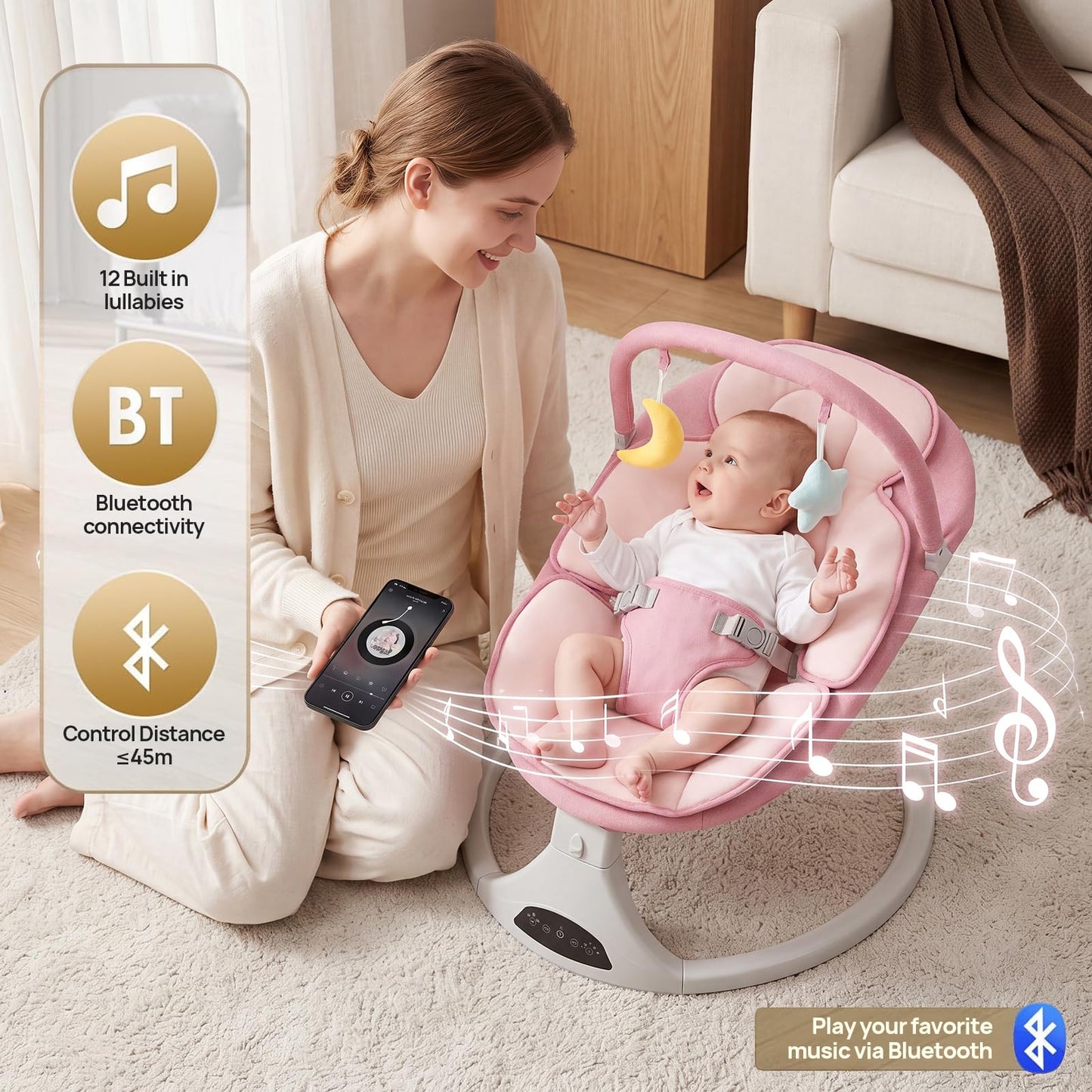Electric Baby Swing with Remote Control - 5 Natural Motion Speeds, Detachable Seat Pad | Portable Infant Swing for Indoor/Outdoor Use (0-6M, 20lbs) (Pink)