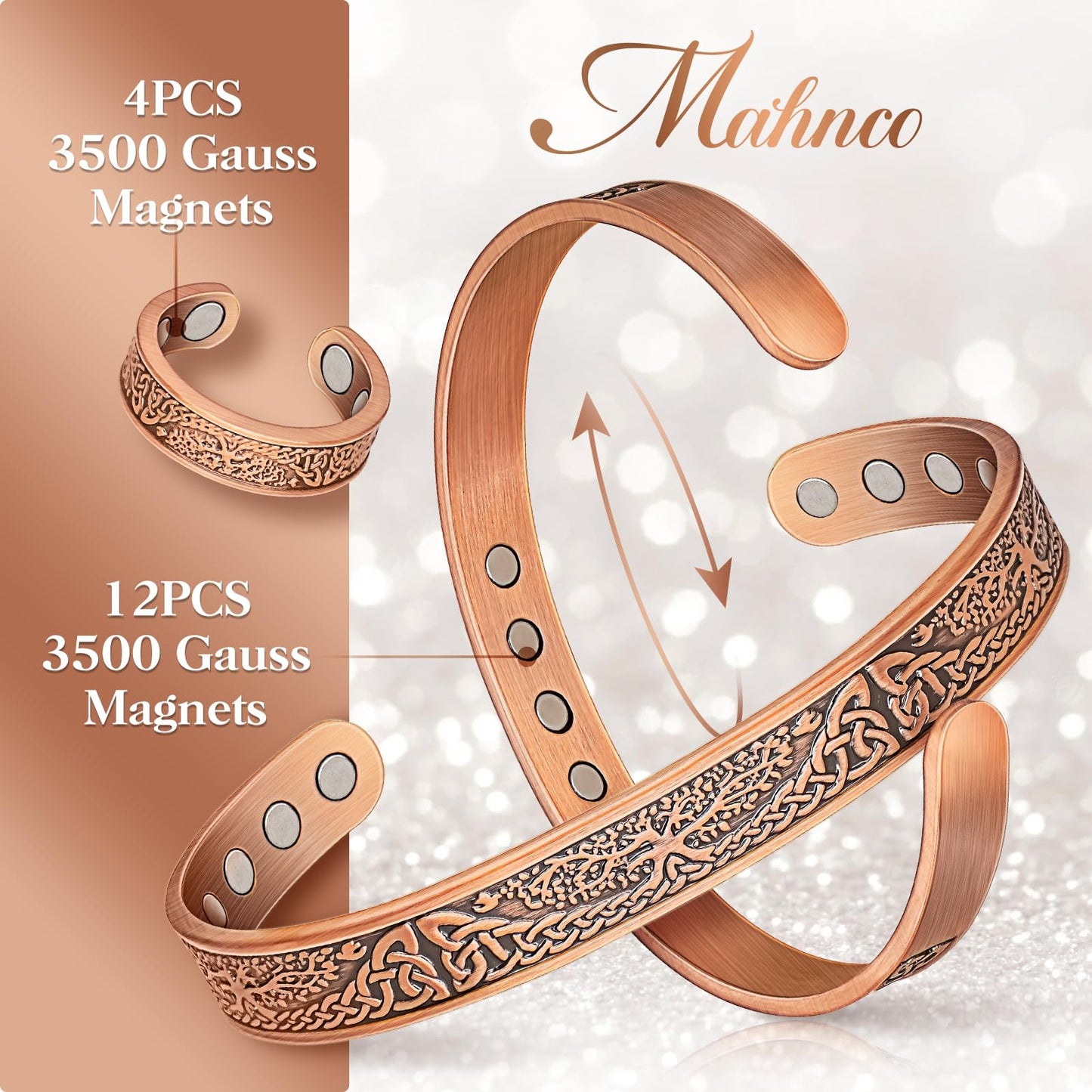 Mahnco Copper Bracelets for Women & Lymphatic Drainage Ring, Magnetic Lymph Detox Ring and Magnetic Copper Bracelet, 100% Solid Pure Copper Jewelry Gift