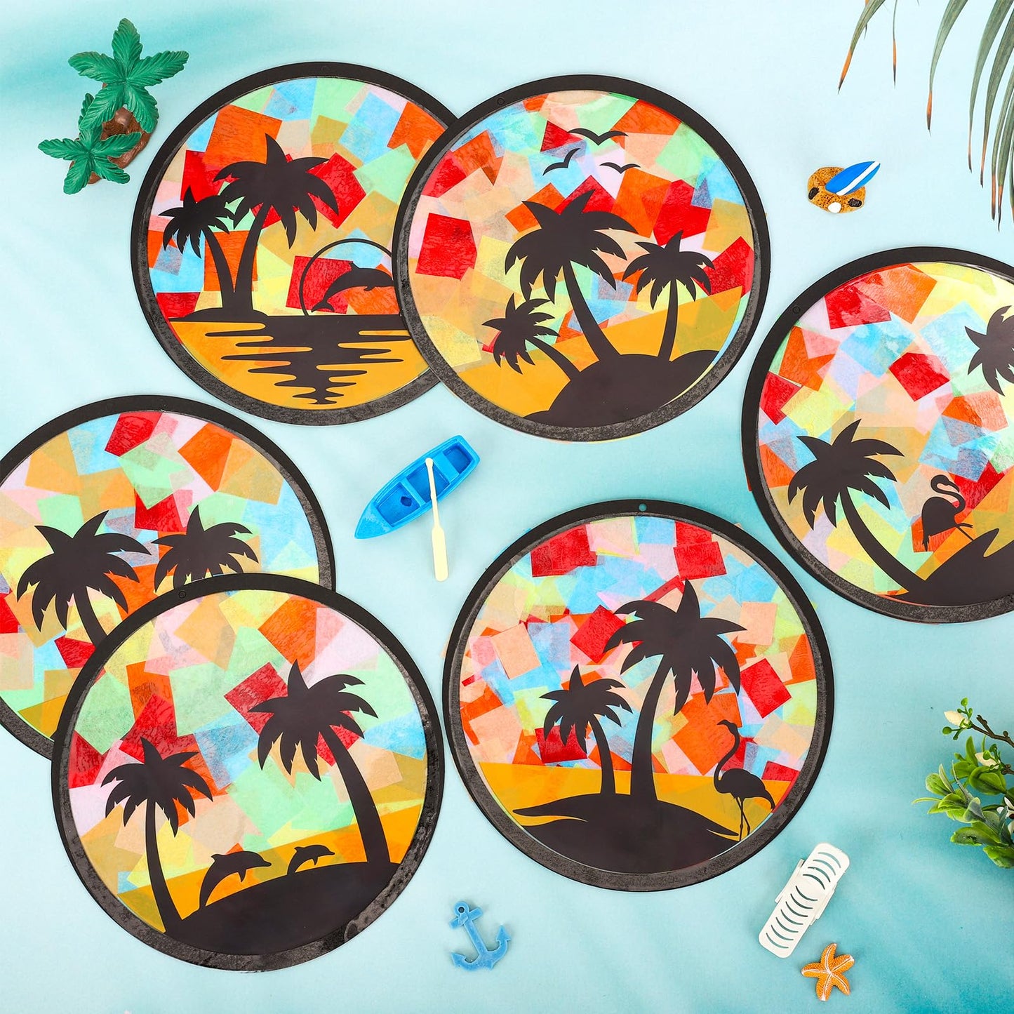 AnyDesign 36 Sets Summer Beach Suncatcher Paper Crafts Kit Tropical Palm Tree DIY Tissue Paper Crafts Hanging Ornament for Stained Glass Window Hawaiian Party Classroom Decor