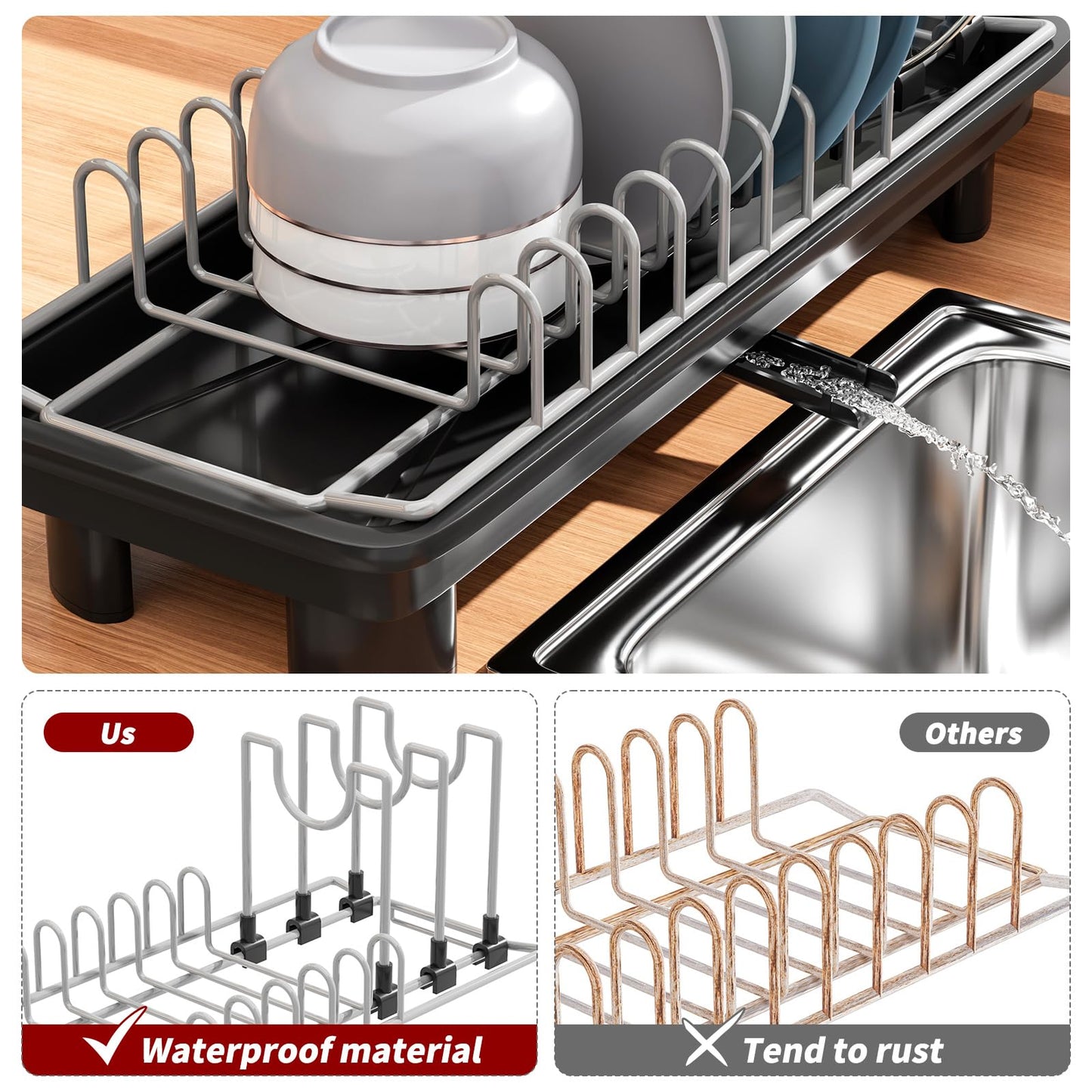 SanDream Small Dish Drying Rack with Removable Utensil Holder & Anti-Scratch Base - Stainless Steel Dish Rack, Dish Drying Rack with Drainage & Space Saving Design for Kitchen Counter, Black