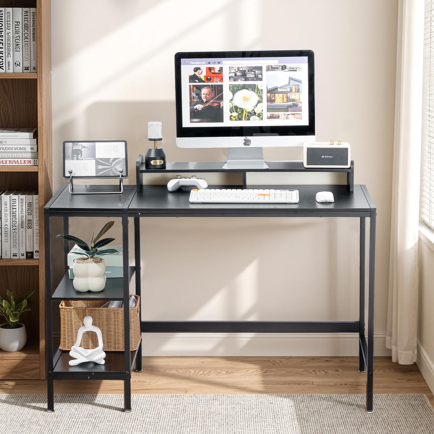 MINOSYS 47-inch Computer Desk with Storage Shelf - Your Ideal Black Gaming Desk for Bedrooms, Small Spaces, and Home Offices. This Modern Writing Desk is Perfectly Suited for PCs.