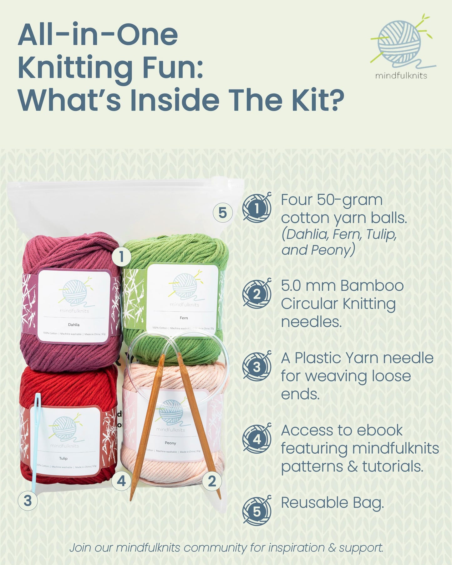 mindfulknits - Beginners Washcloth Knitting Kit - Includes 100% Cotton Knitting Yarn + Circular Knitting Needles & Yarn Needle (Flora Colored Cotton Yarn) - Mindful Crafting Kit