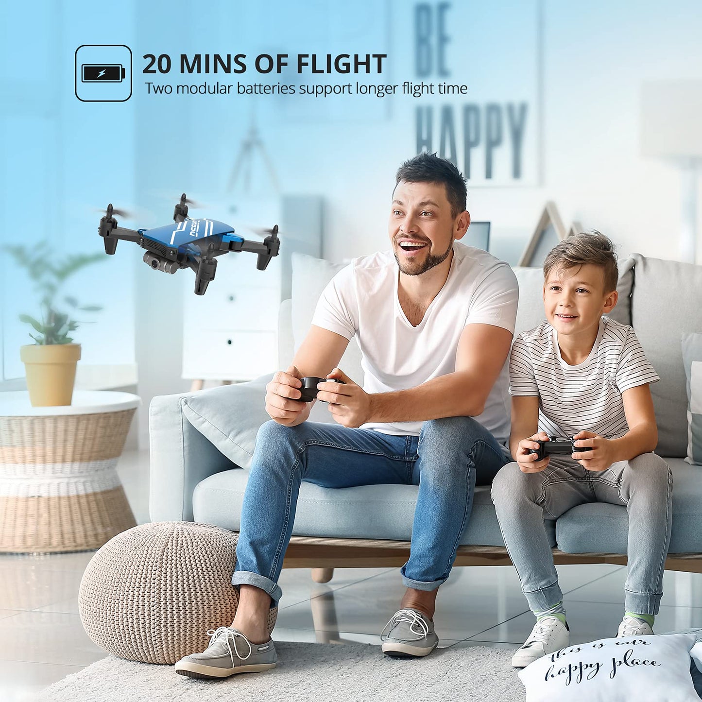 DEERC D20 Mini Drone for Kids with 720P HD FPV Camera Remote Control Toys Gifts for Boys Girls with Altitude Hold, Headless Mode, One Key Start Speed Adjustment, 3D Flips 2 Batteries, Blue