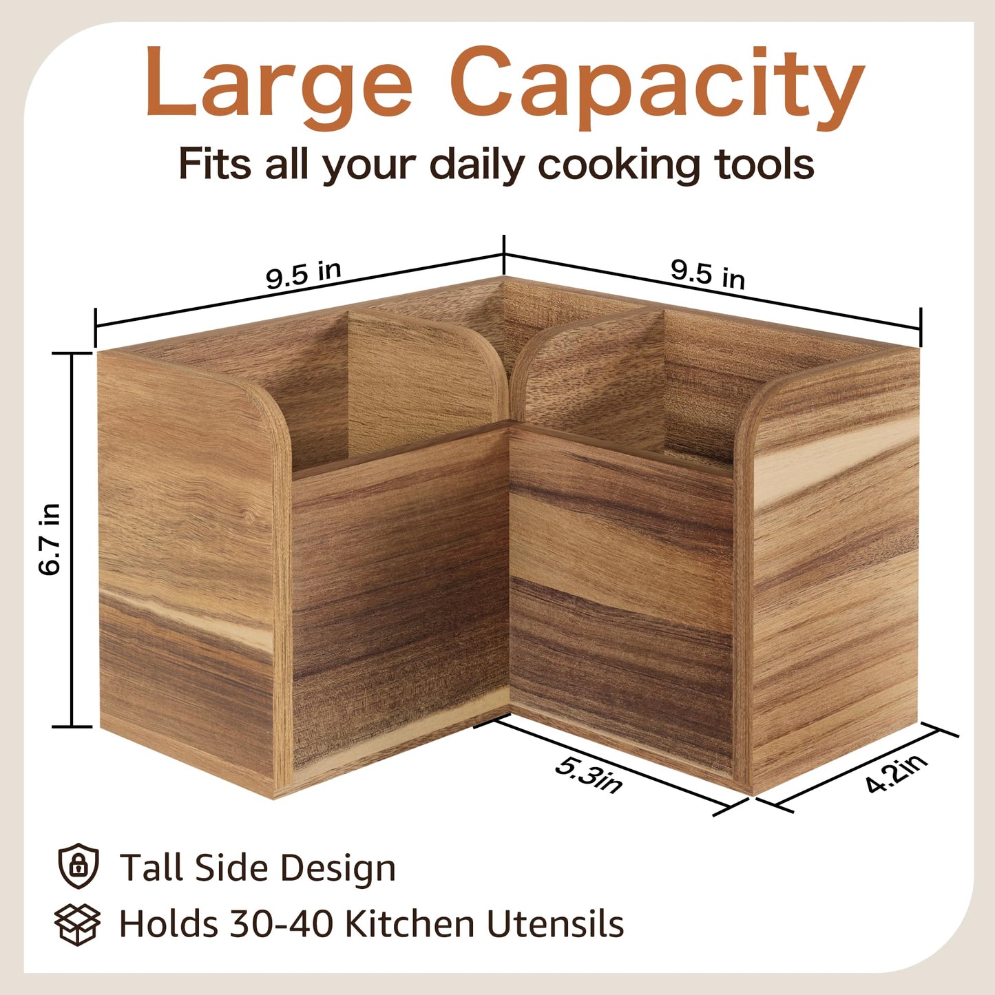 Vorisebo Acacia Wood Kitchen Utensil Holders for Countertop, Wooden Corner Utensils Holder with 3 Compartment, Farmhouse Utensil Caddy for Storage Cooking and Silverware, Opened Up Counter Space