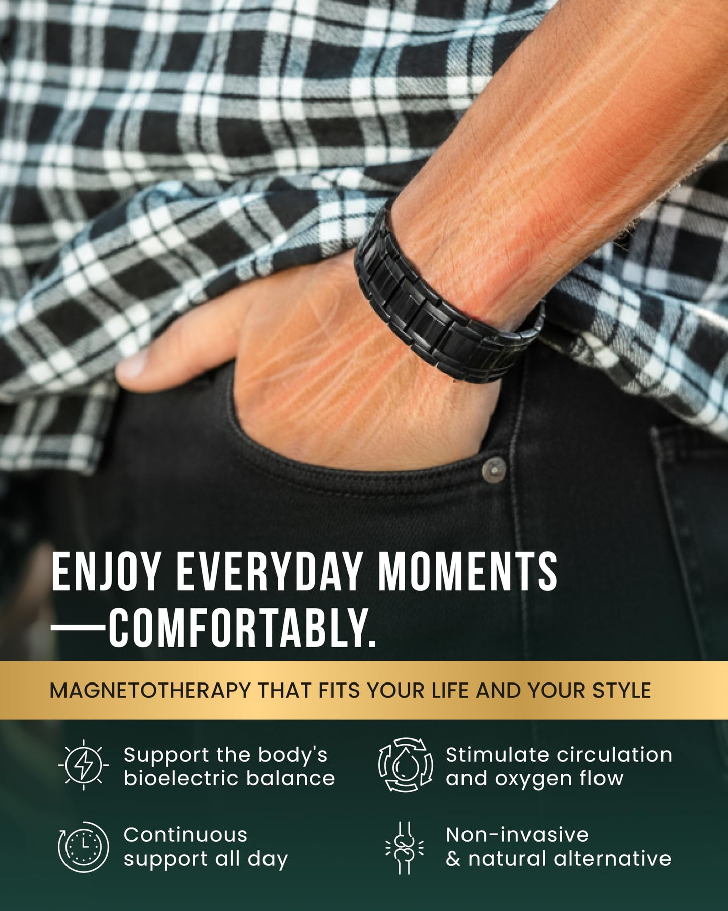 MagnetRX® 3X Strength Magnetic Bracelets for Men – Effective Titanium Mens Magnetic Bracelet – Premium Fold–over Clasp & Adjustable Length with Sizing Tool & Gift Box (Black)
