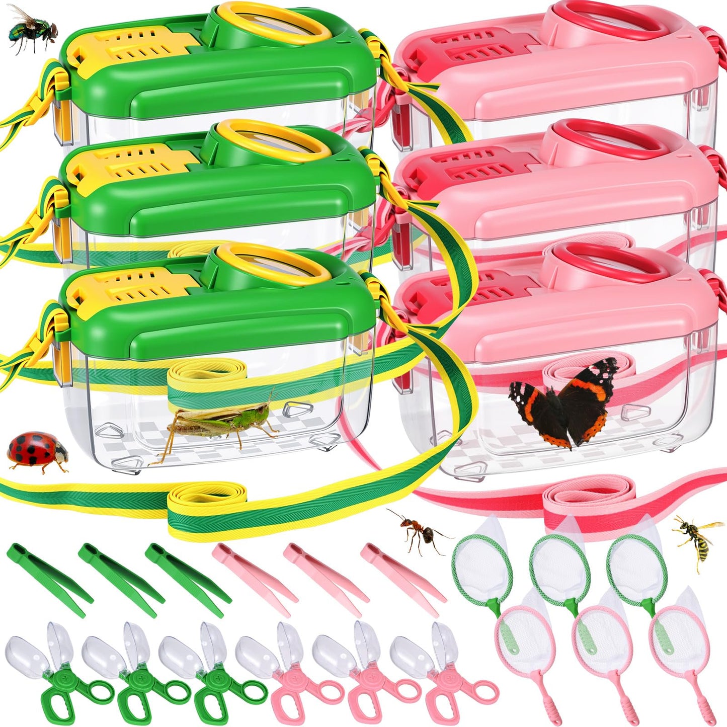 Halloscume 6 Sets Bug Catcher for Kids Students Insect Catching Kit Collector Bug Box with House, Butterfly Net, Tweezer, Cage Habitats Container Collection Explorer Gift (Pink,Green)