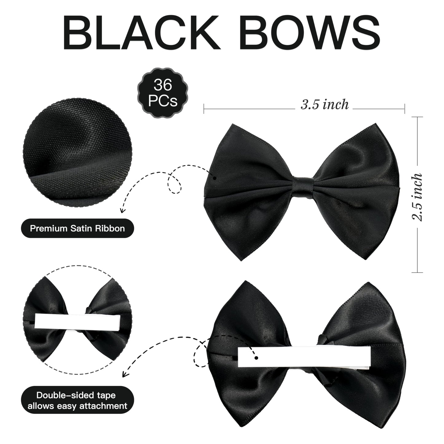 LIZLOVESS Black Self Adhesive Satin Ribbon Bows for Gift Wrapping 3.5 Inch Premade Black Stick on Bows for Crafts, Wedding Decor, Birthday Party Decoration, Baby Shower, Treat Bags (36 Pack)