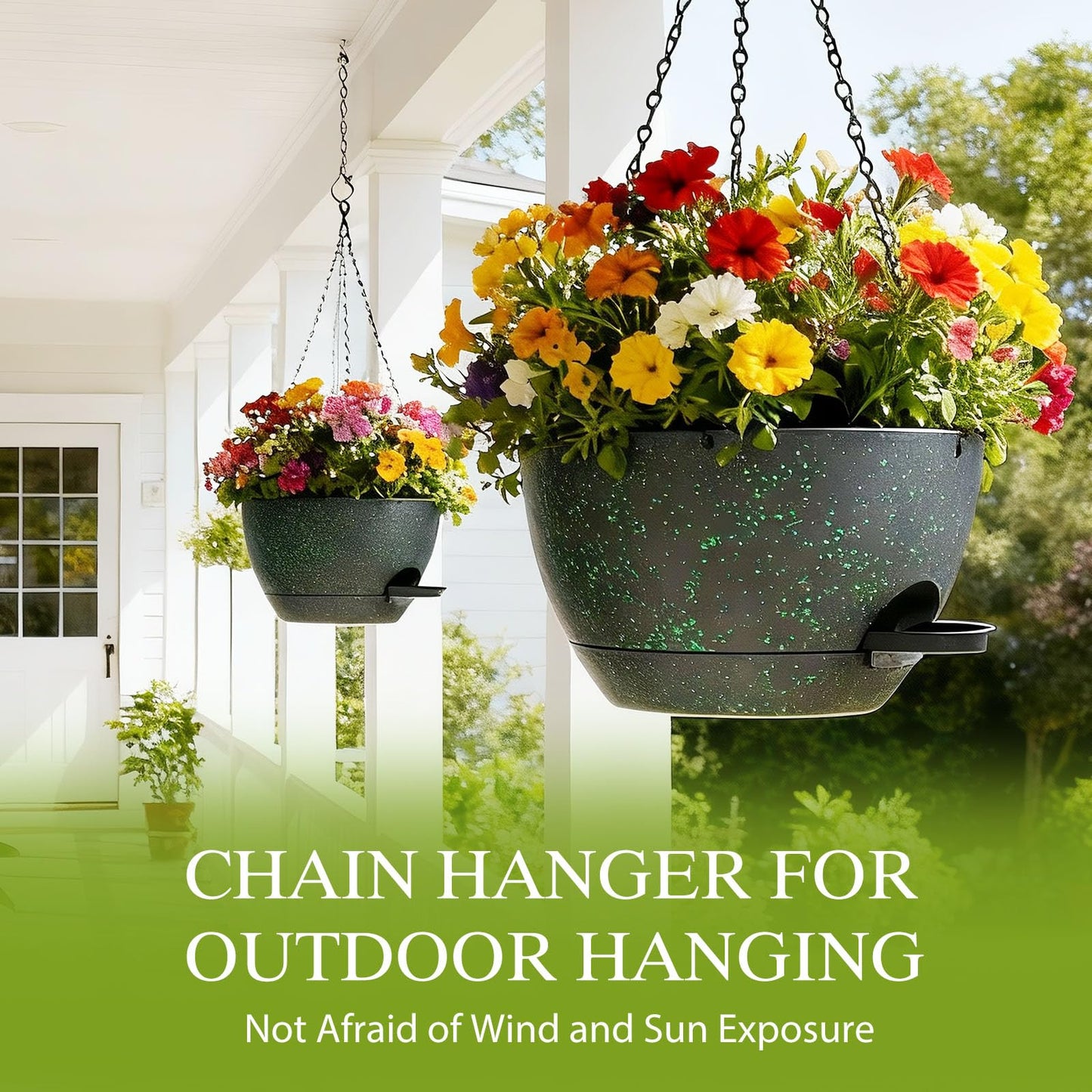 SQKH 10 Inch Hanging Baskets 2 PC with Chains, Self-Watering Hanging Planters for Indoor Outdoor Plants, Plastic Hanging Flower Pots,Black with Green Speckles