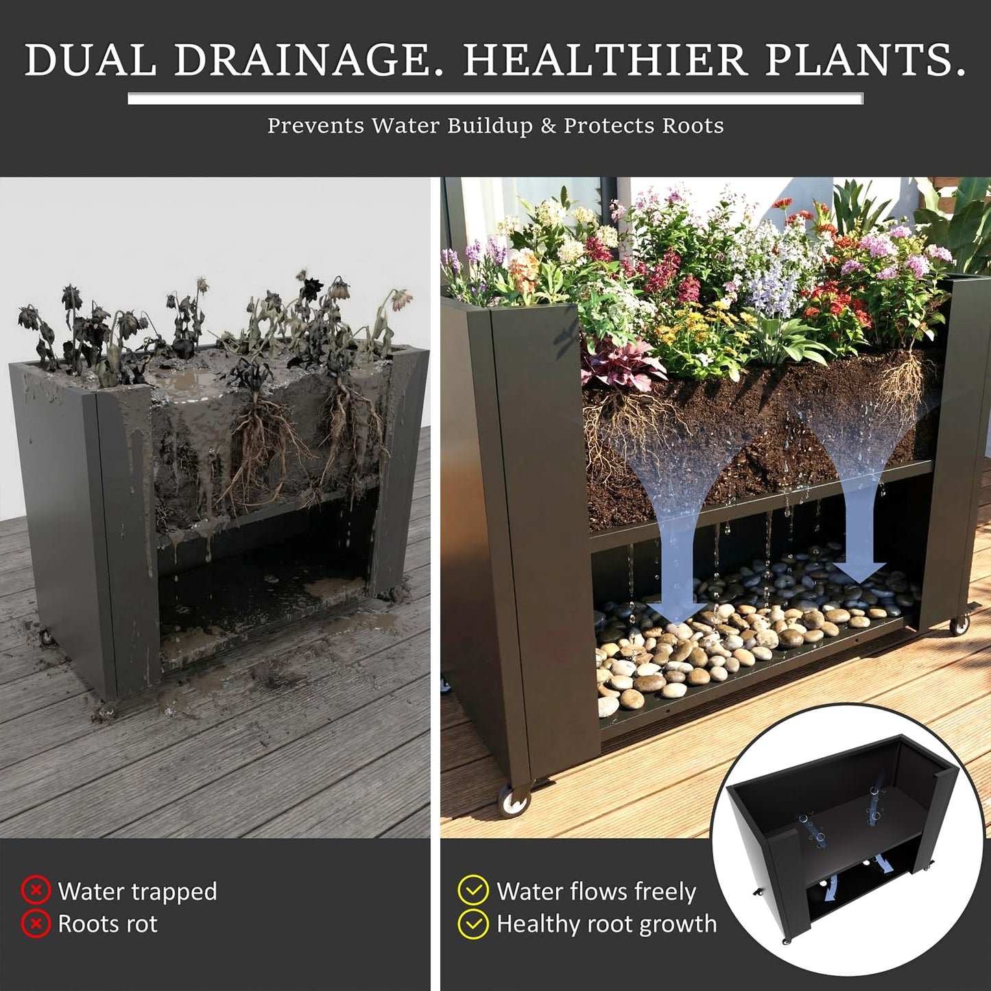 WIZWERK Metal Planter Box with Wheels, 36" Large Rolling Outdoor Planter with Drainage & Removable Shelf, Rectangular Planter Raised Garden Bed for Patio, Balcony, Porch & Backyard, Black