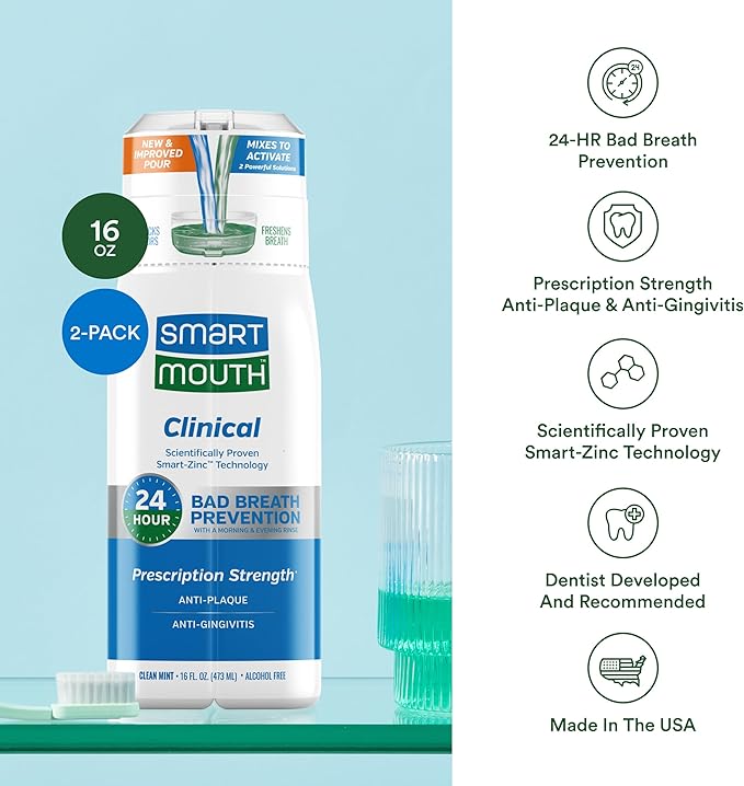 SmartMouth DDS Activated Clinical Mouthwash - Adult Mouthwash for Fresh Breath - for Gum Health, Gingivitis & More - Clean Mint Flavor, 16 fl oz (2 Pack)