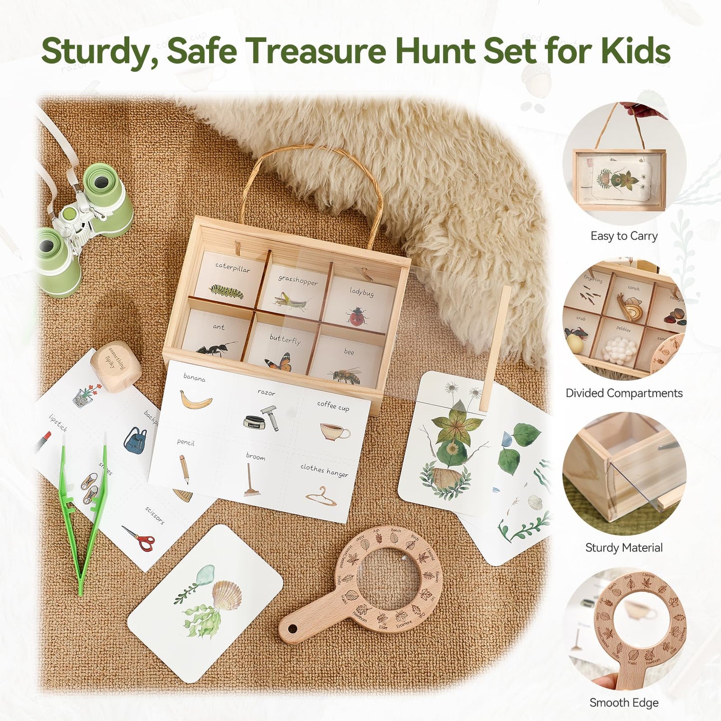 WOODEN TEETHER Kids Scavenger Hunt Play Set, 15pcs Treasure Hunt Kit with Binoculars, 10 Double-Sided Cards & Storage Box Indoor/Outdoor Exploration for Home, Backyard, Park