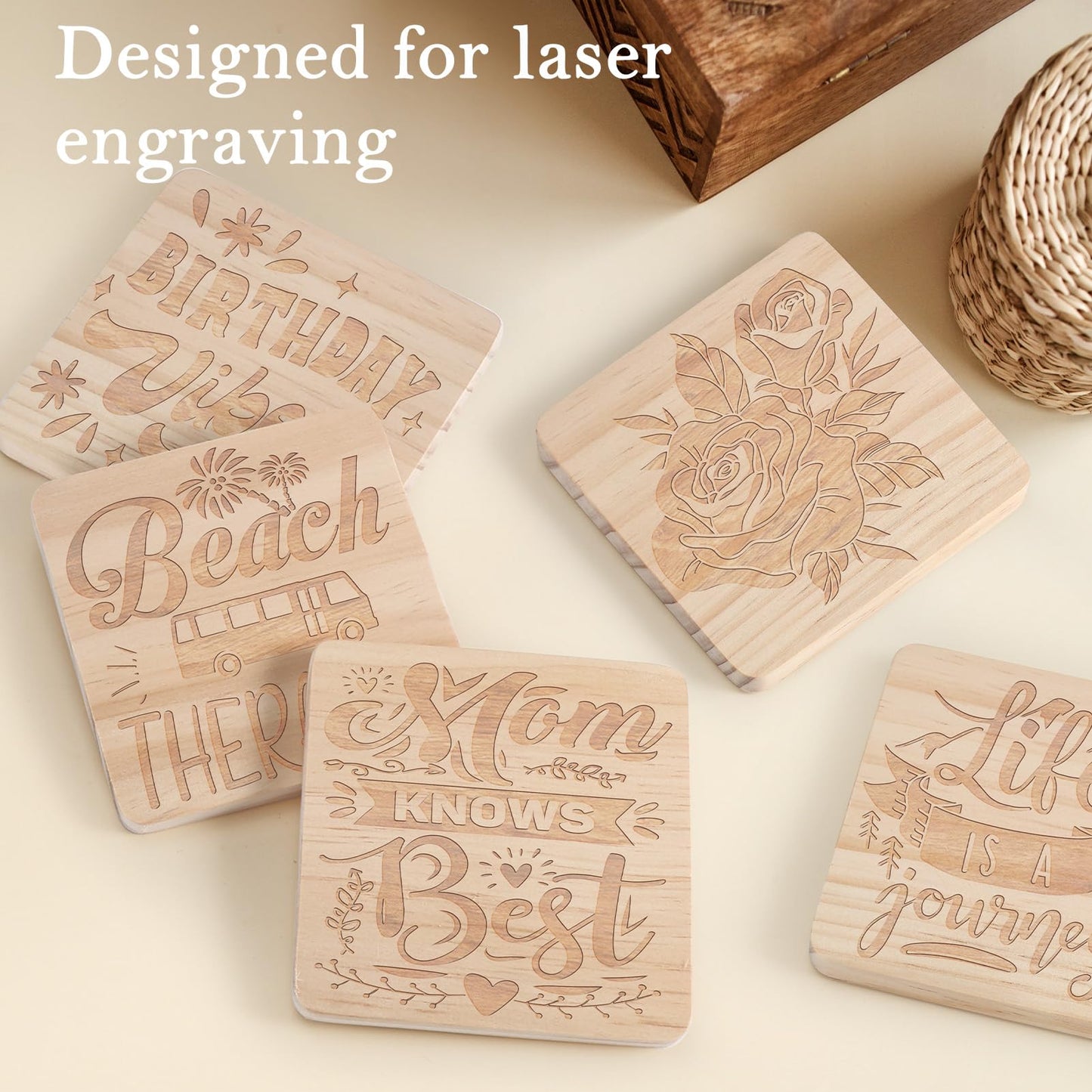 72 Pieces Unfinished Wood Coasters, GOH DODD 4 Inch Wooden Slices Blanks Bulk Set with Soft Foot Pads for Drinks Crafts Laser Engraving Wood Burning Staining Drawing Painting Decoupage Wedding, Square