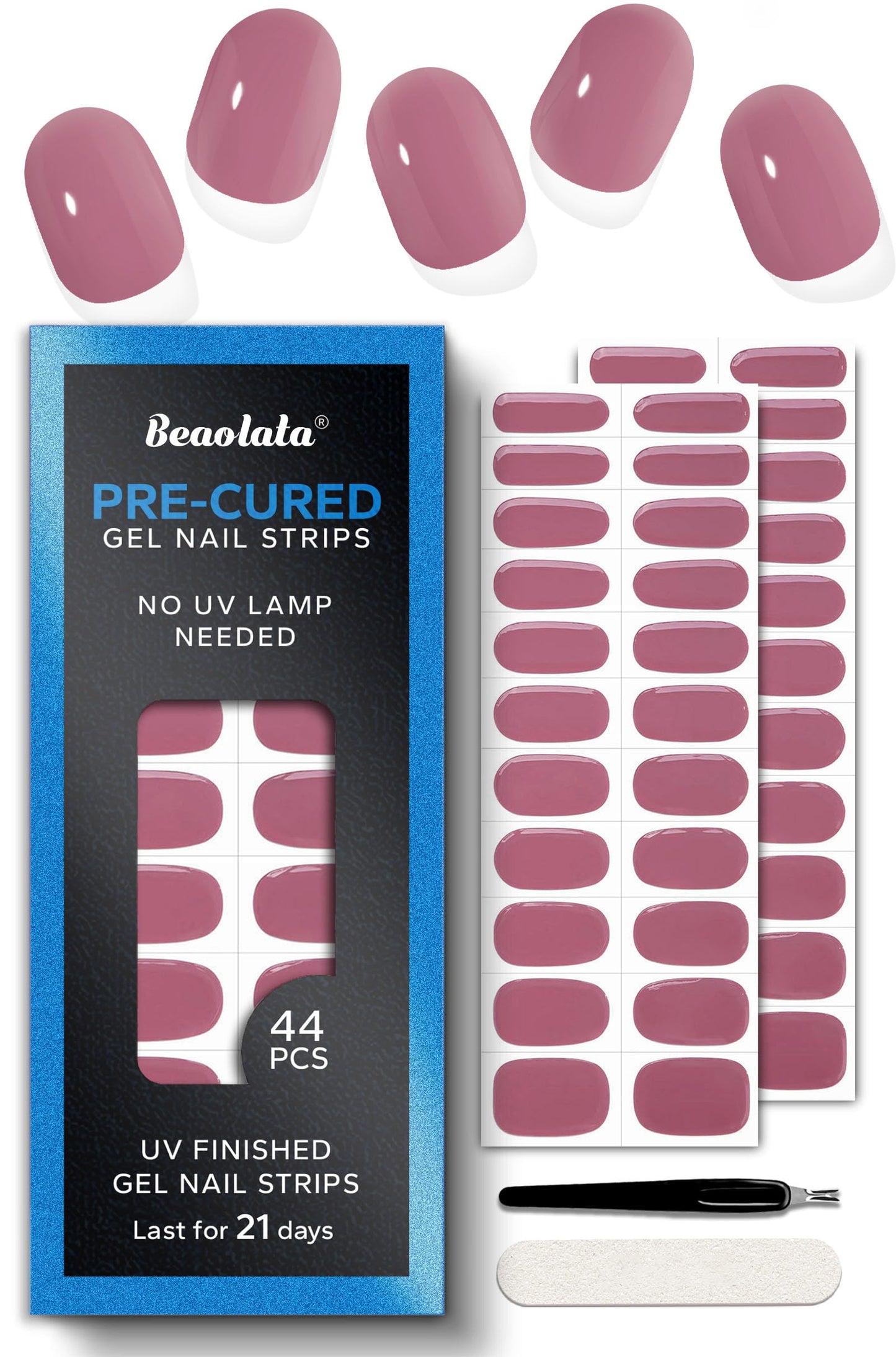 Beaolata Real Gel Nail Strips (No UV Light Needed) - 44Pcs Salon Quality Nail Stickers - Long Lasting Polish Wraps for Women, Easy Apply & Remove (Sultry Purple)