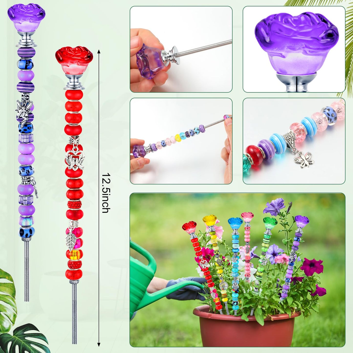 Lineshading 6 Sets Beaded Garden Stakes Kit, Rose Garden Stakes Accessories with Beads, Crystal Rose Stopper Top, (Classic Color)