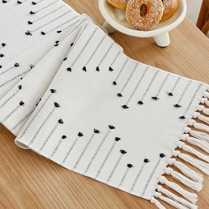 Wracra Boho Table Runner, Natural Cotton Woven Macrame Table Runners 108 Inches Long for Modern Farmhouse Woven Home Decor, 14x108 Inch, Black