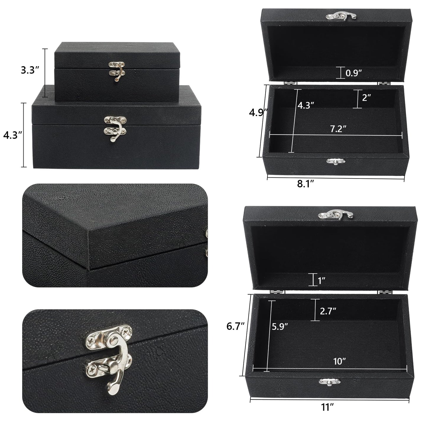 DECOR4SEASON Faux Shagreen Leather Decorative Storage Boxes Set of 2, Black
