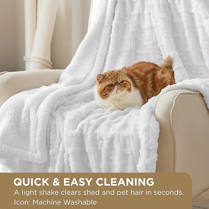 Bedsure Sherpa Fleece Blanket Twin Size for Bed - GentleSoft Fluffy & Cozy Cable Jacquard Tufted for Women Gift, Thick and Warm Blankets for Winter, White, 60x80 Inches
