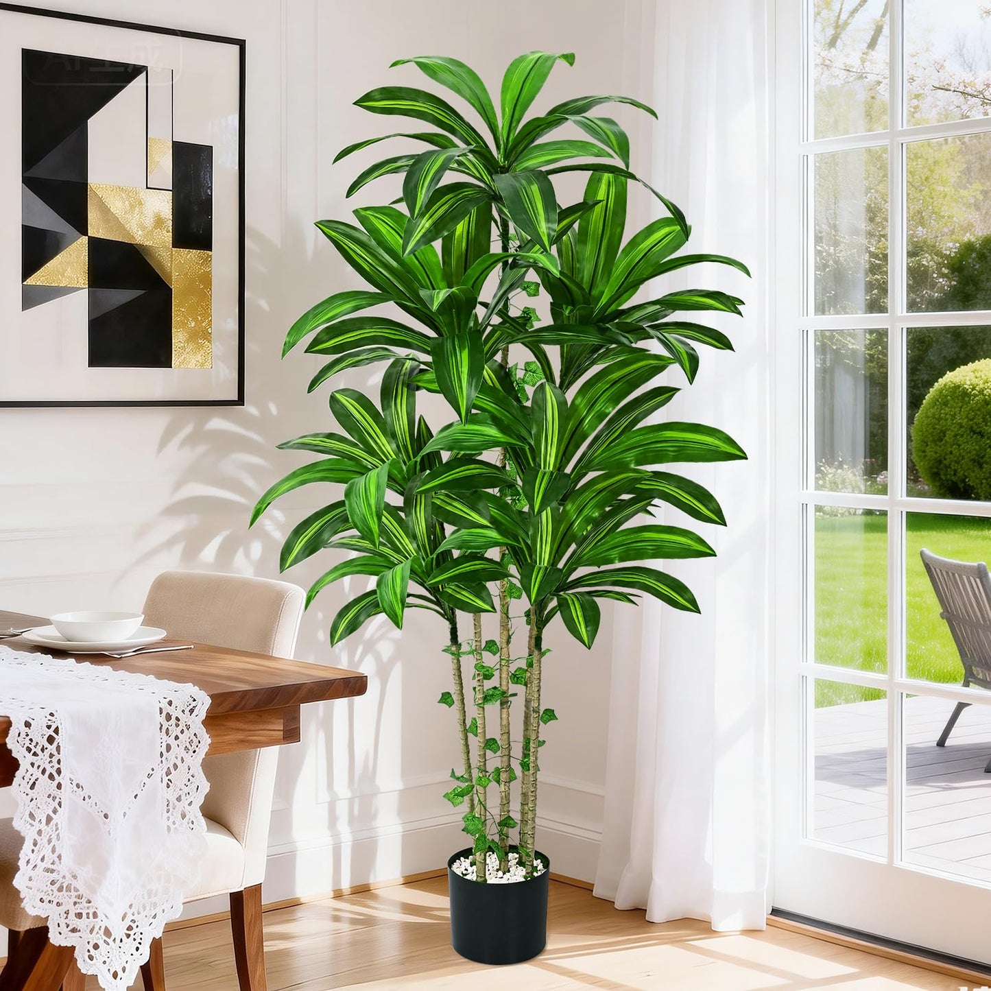 Dolicer 5FT Tall Look Real Artificial Dracaena Tree Indoor with Black Planter, Realistic Artificial Fake Faux Indoor Plants with Natural Trunk and Lifelike Leaves for Home Office Living Room
