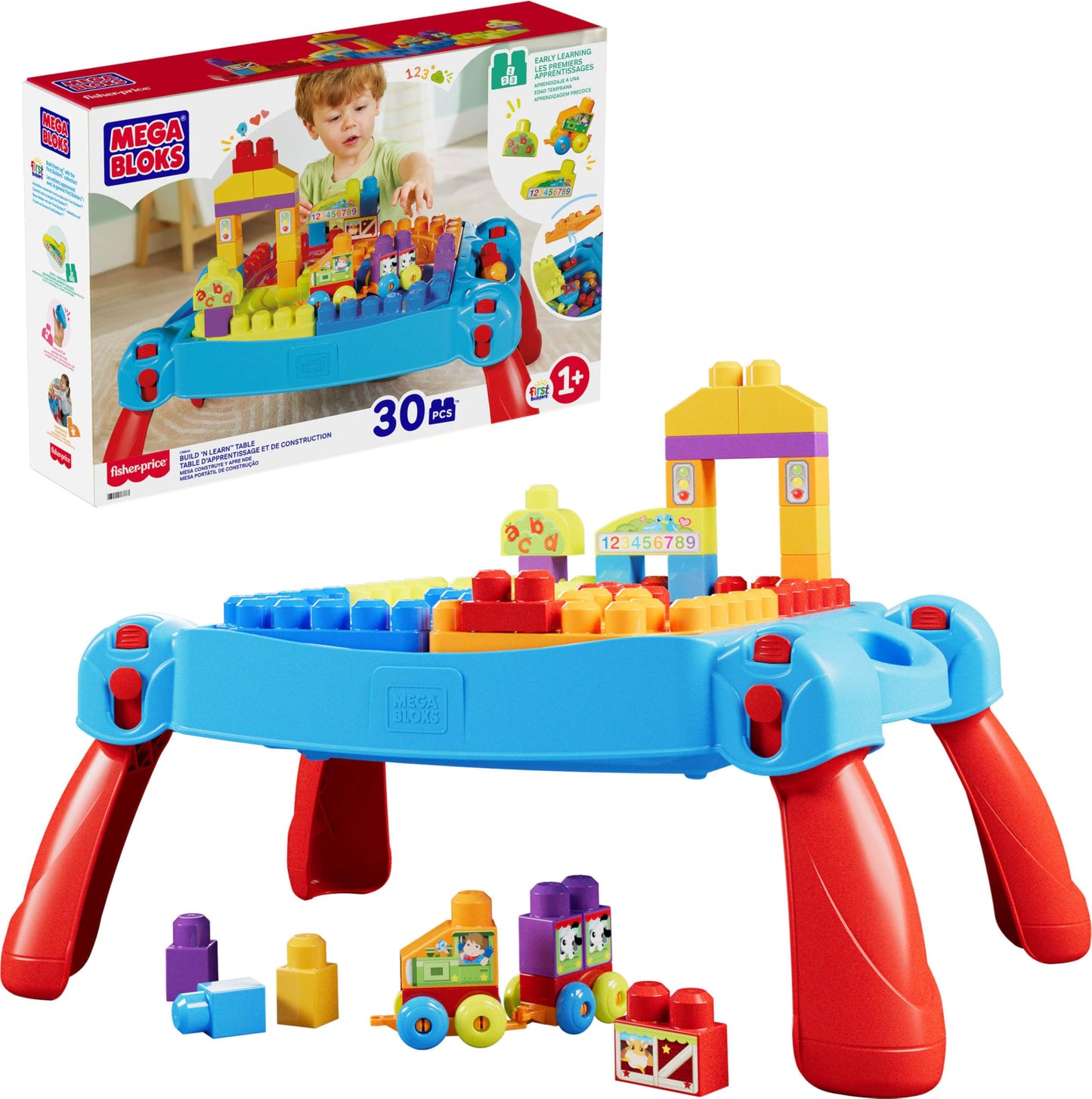 MEGA BLOKS First Builders Toddler Blocks Toy, Build ‘n Learn Portable Activity Table with 30 Pieces and Built-In Storage, Blue, Kids Ages 1+ Years (Amazon Exclusive)