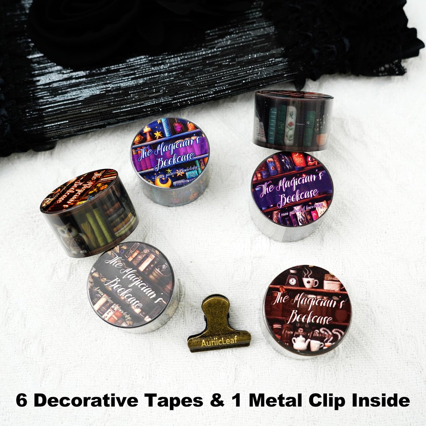AuriicLeaf Magician’s Bookcase PET Tapes – 6 Rolls of Fantasy Embroidery-Style Bookcase Designs with Clip, for Scrapbook, Journal, Junk Journal, Planner and DIY Decor