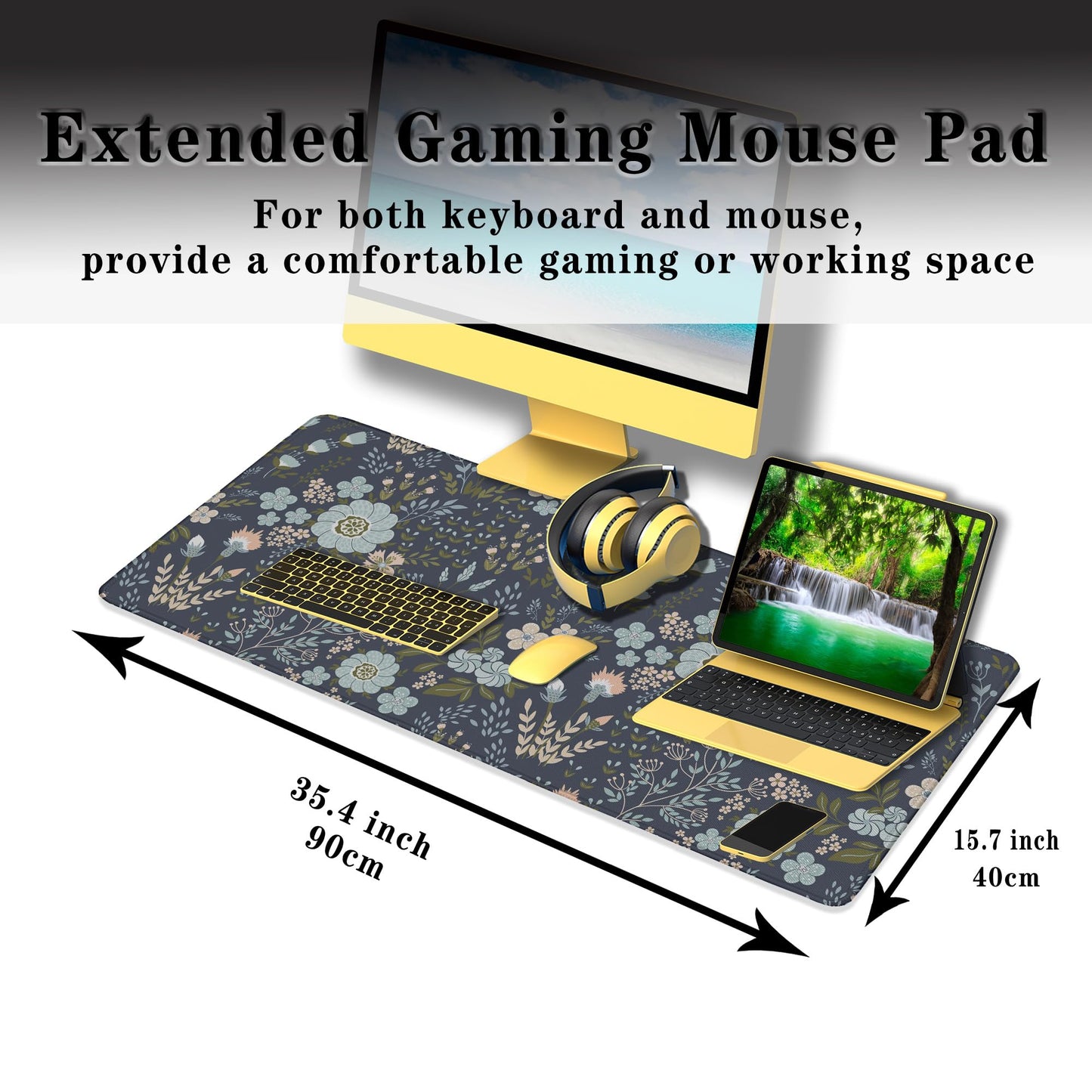 Samgula Office Desk Pads Floral Pattern Jumbo Mouse Pad Gaming Mousepad Large Mouse Pads The Desk Mat Non-Slip Rubber Base Waterproof with Stitched Edges 35.4 X 15.7 for Game Office,