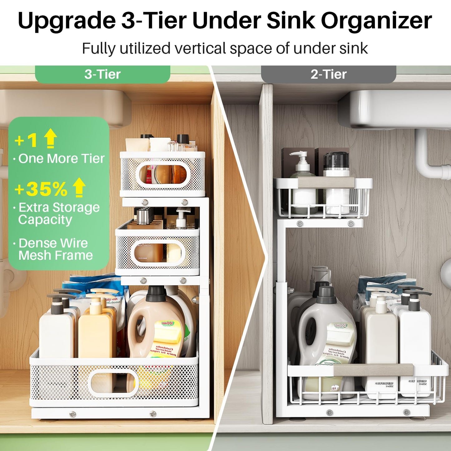 Kitstorack Under Sink Organizer, 2-Pack 3-Tier Height Adjustable Thickened Metal Pull out Cabinet Organizer Shelf, Slide out Storage Drawer Rack for Bathroom Kitchen Pantry Home Laundry Organization
