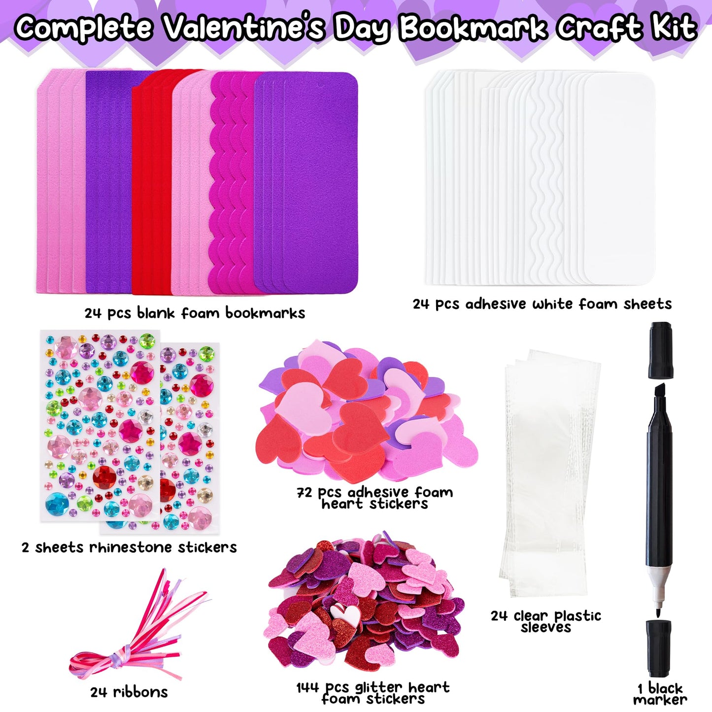 ArtCreativity 314 PCS Valentine’s Day Bookmark Craft Kit - Makes 24 Bookmarks - Valentine Crafts for Kids Classroom - Valentines Bookmark Craft Kit with Hearts, Glitter Stickers, Rhinestones, Ribbons