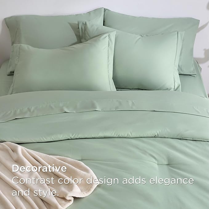 Bedsure King Comforter Set Sage Green, 8 Pieces Prewashed King Size Bed in a Bag with Soft Fleece Bed Blanket, Down Alternative Bedding Set for All Seasons, Sheets, Pillowcases & Shams