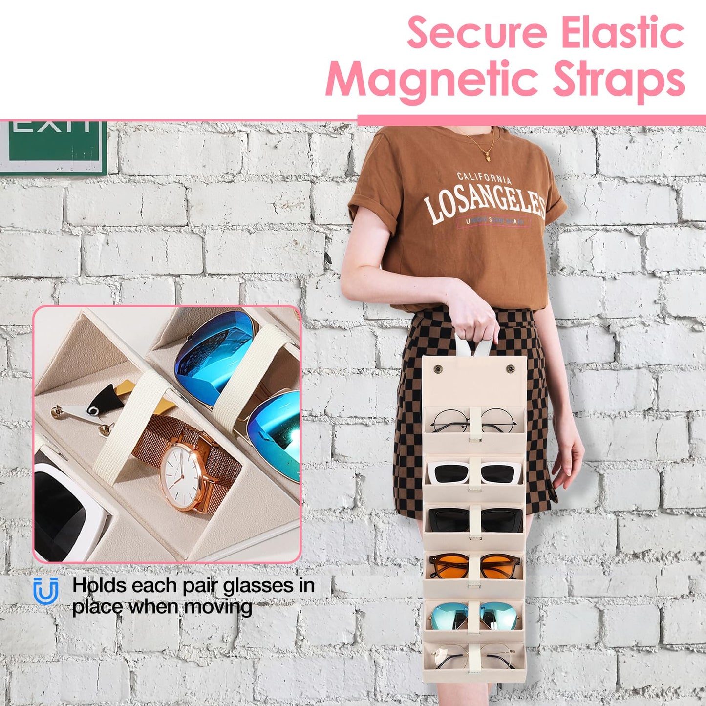 MoKo Sunglasses Organizer with 6 Slots, Foldable Travel Glasses Storage Case Holder Eyewear Display Box, Beige