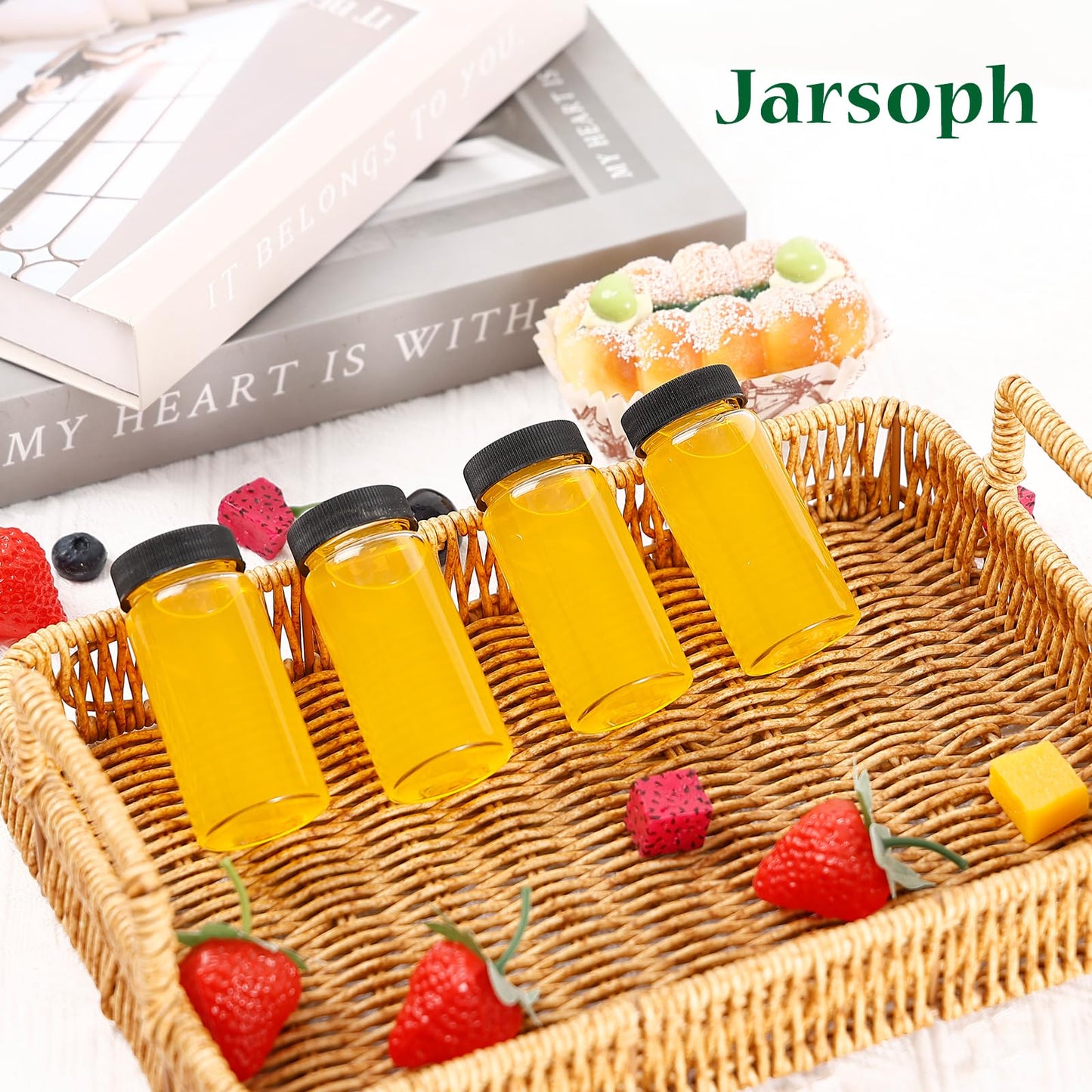 Jarsoph 16 Pcs, 2oz Clear Glass Bottle with Lids, 60ml Small Glass Jar, Leakproof Mini Travel Bottles, Decorative Bottles Set for Juice, Wellness, Spices
