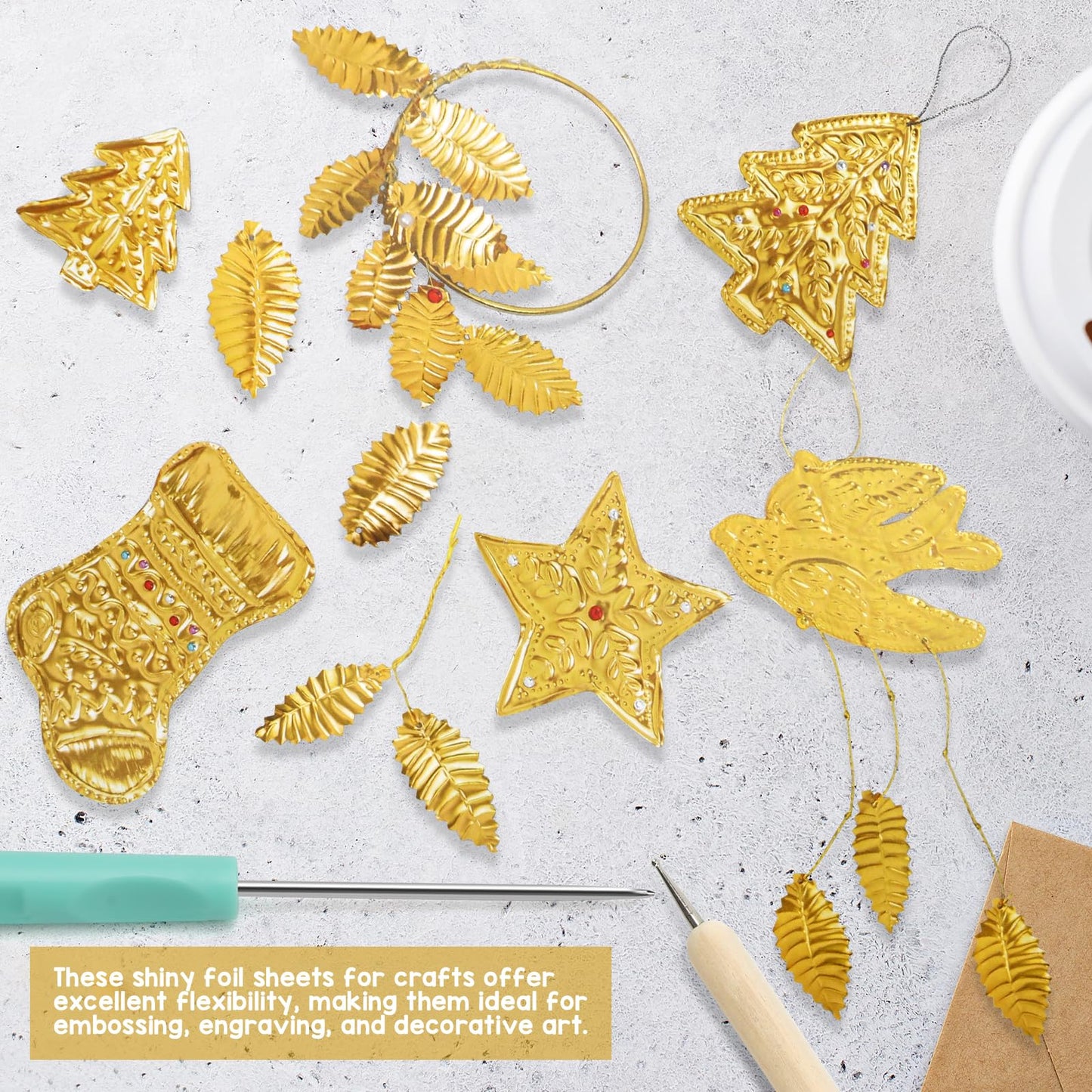 15PCS Gold Leaf Sheets Art Craft Kit, Gold & Silver Aluminum Sheets with Engraving Tools Copper Wire Pcsgem Stickers for Painting Gilding Crafting Decoration, 7.9 X 11.8 Inches (Gold)