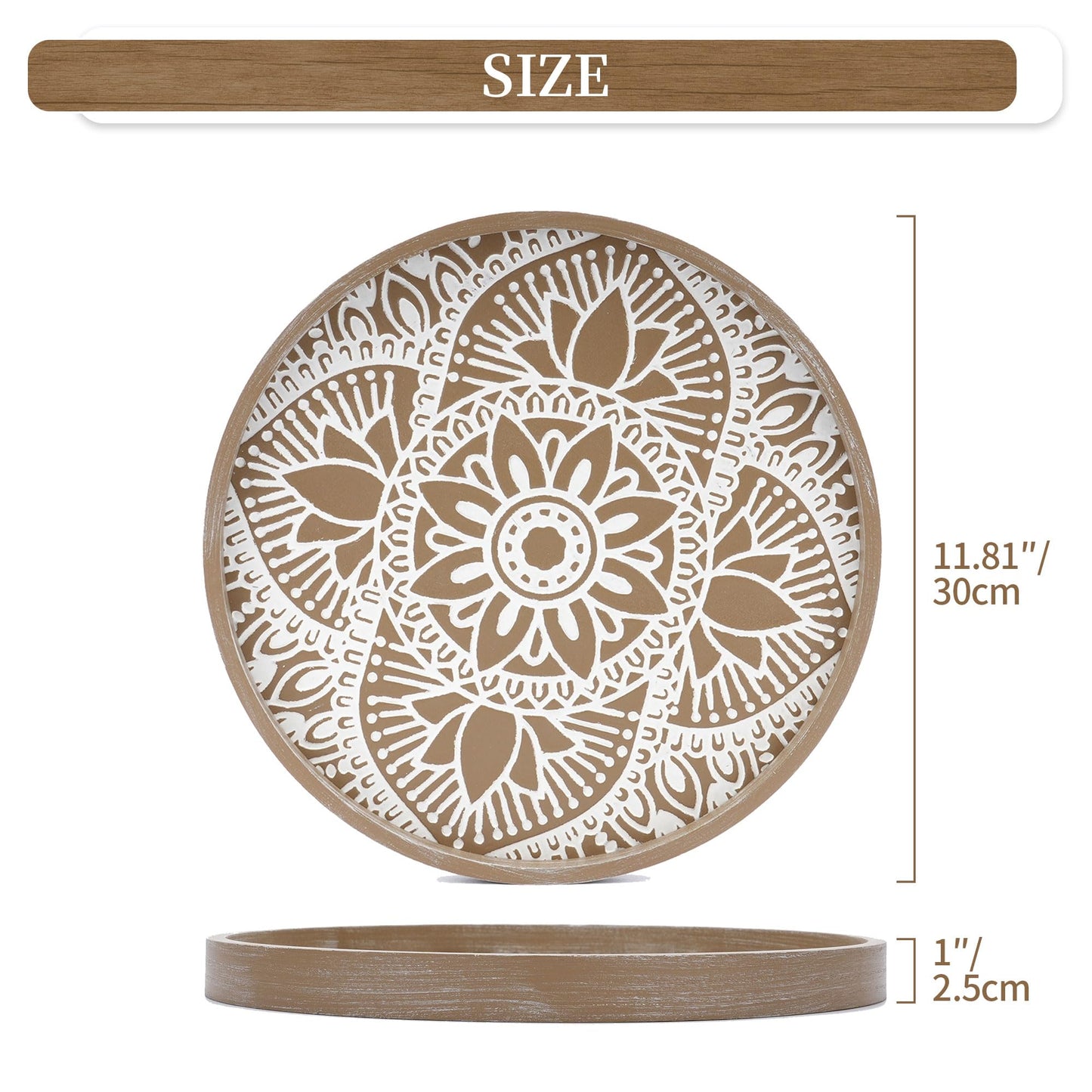 Hanobe Round Decorative Tray for Table: Boho Coffee Table Trays for Home Decor - Mid Century Farmhouse Circle Wood Serving Rustic Bohemian for Kitchen Counter Women