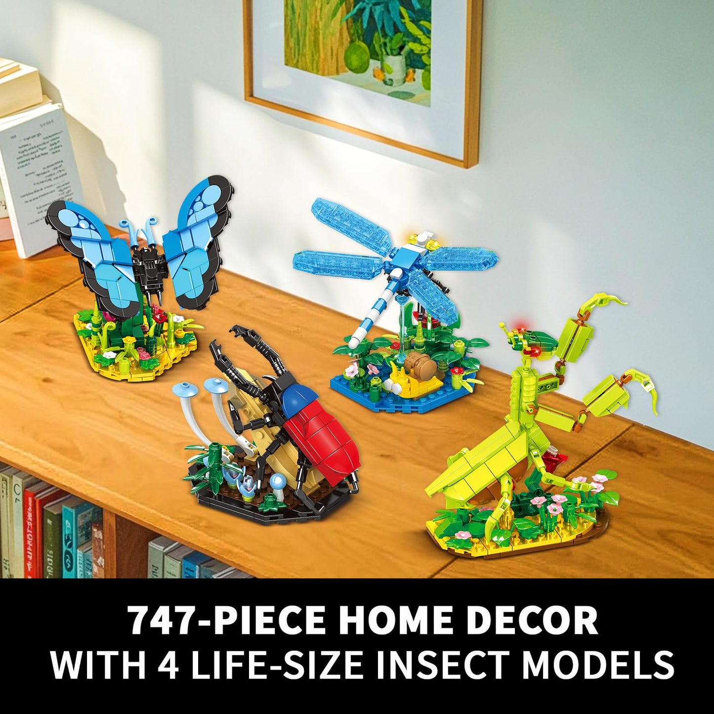mesproud Ideas Insect Collection Toys, Bug Building Set with Life-Size Blue Morpho Butterfly, Hercules Beetle, Dragonfly and Chinese Mantis Display Models, Nature Décor Gifts for Adults Boys Girls