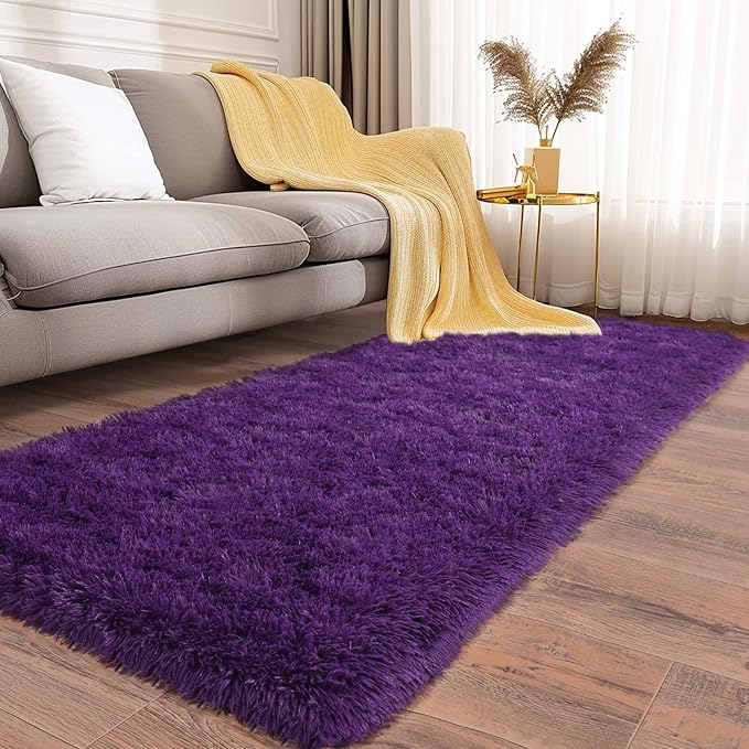 Soft Runner Rugs for Bedroom Hallways, 2x6 Purple Fluffy Shag Throw Area Rug Non Slip for Bedside Dorm, Long Shaggy Furry Carpet for Nursery Living Room