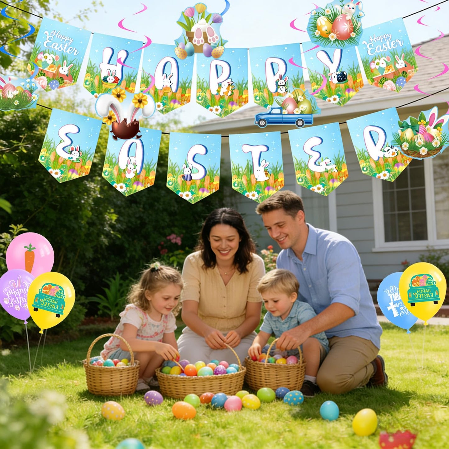 Favuit Happy Easter Party Decorations Kit, Easter Egg Bunny Party Supplies with Banner, Cake Topper, Cupcake Picks, Balloons, Stickers & Hanging Swirls for Home & Classroom