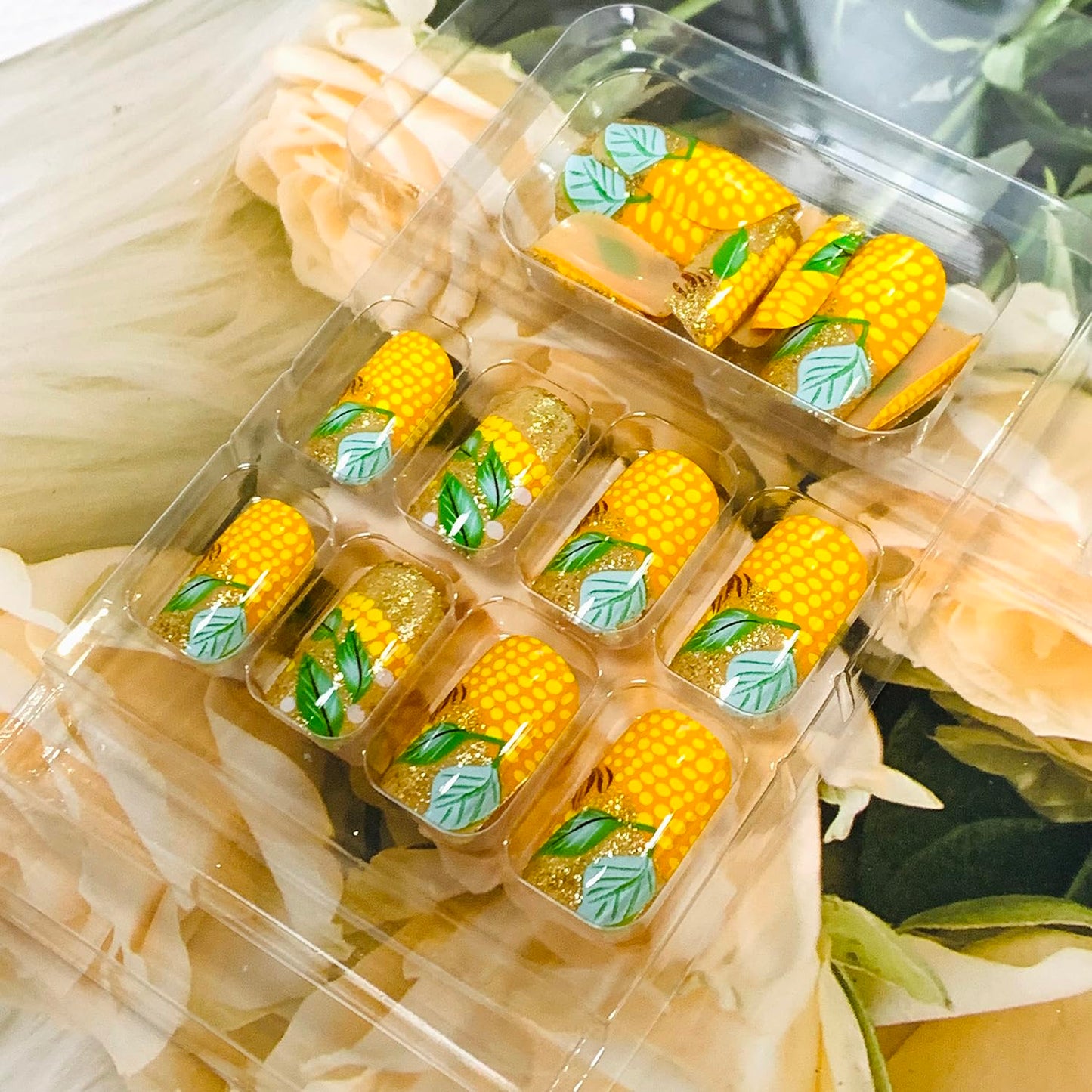 Press on Nails Medium Square Shapes 24Pcs Glossy Full Cover Artificial Glitter Fake Nails with Corn Designs Reusable Coffin Acrylic Fall False Nails Glue on Fingernails with Charm for Women