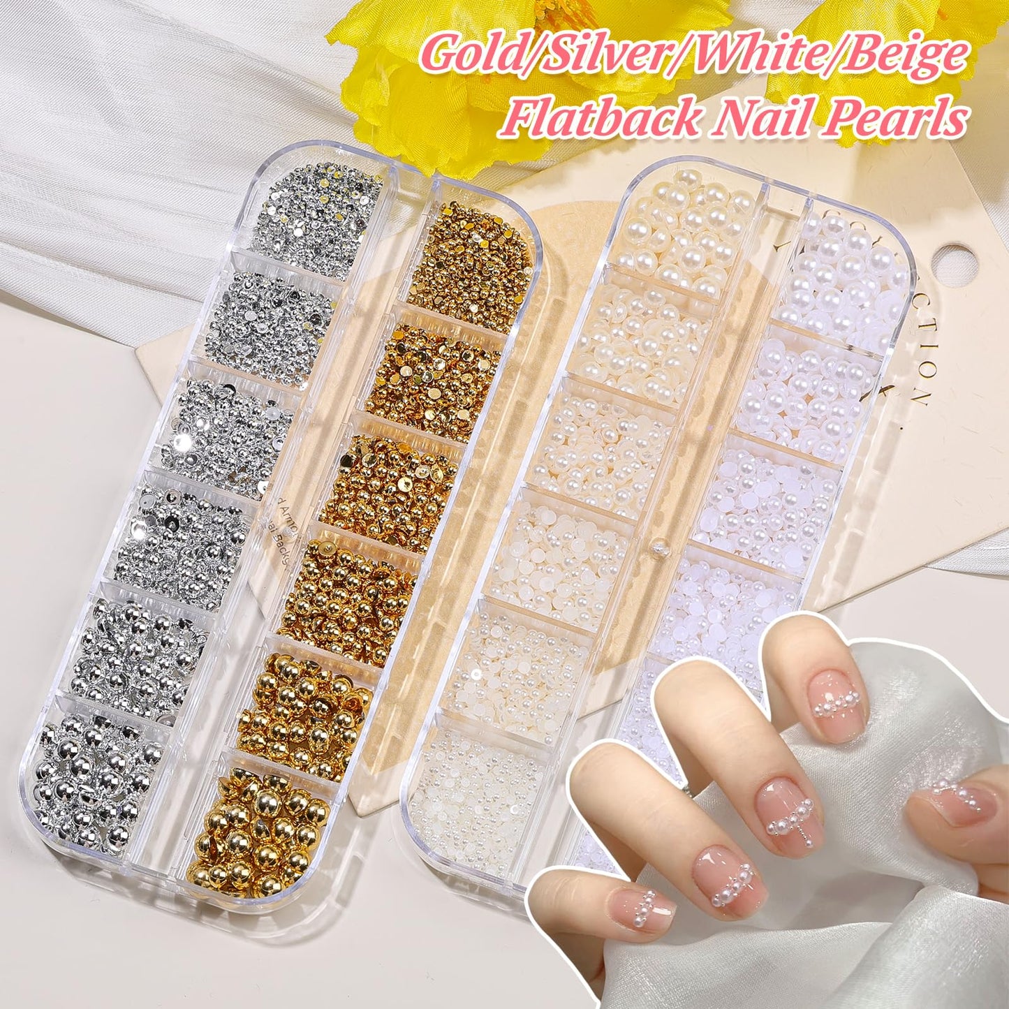 15 Boxes Nail Rhinestones Gems Kit,Gold/Silver Metal Studs,Mixed Sizes Flatback Crystals Rhinestones,Half Pearls,Sequins,Foil Flakes with Tweezers & Dotting Tools for DIY Manicure