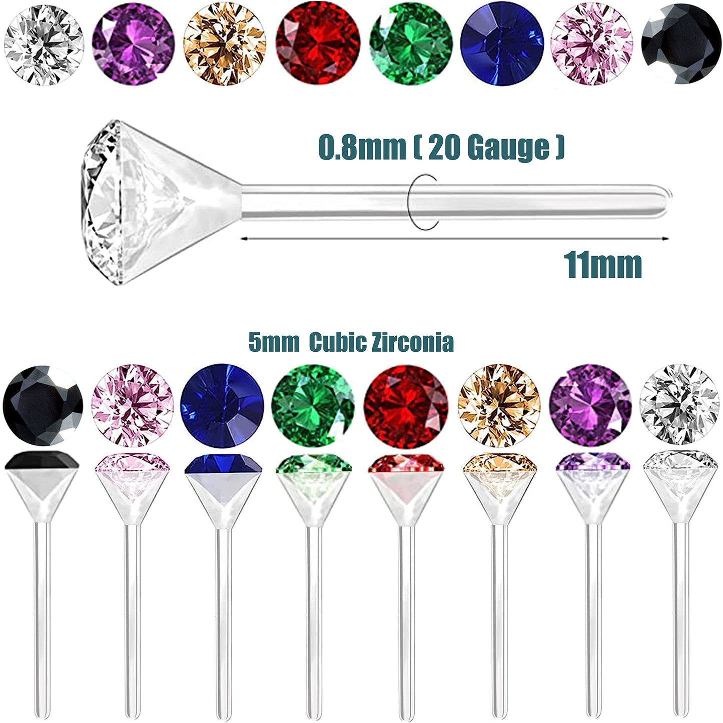 OwlkOrmy 8 Pairs Anti Allergy Plastic Earrings for Sensitive Ears & 8 Pairs Silicone Soft earring backs, Birthstone Cubic Zirconia Stud Earrings Kit 2mm 3mm 4mm 5mm in one Set (8-in-1 color)