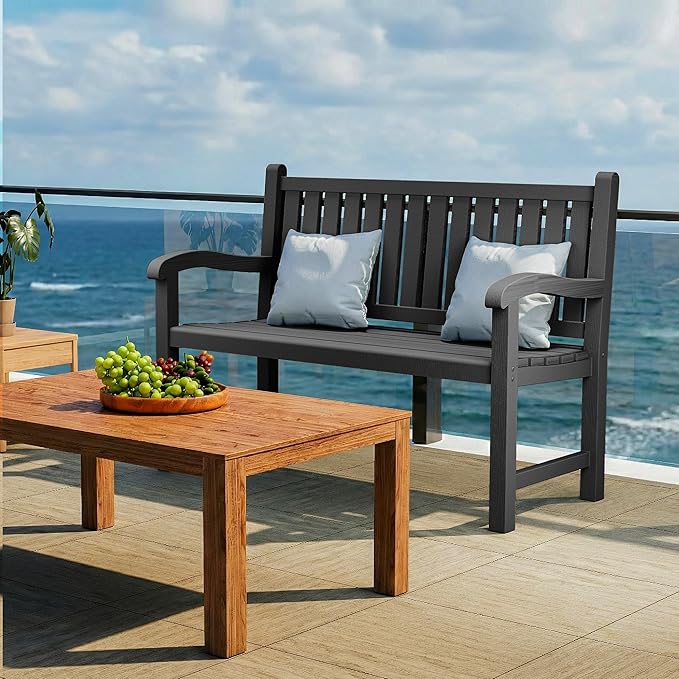 Outdoor Bench, Waterproof & Weatherproof Garden Bench with Ergonomic Design, 2-Person Resin Bench for Porch, Deck, Patio, Outdoor, Garden & Park(Black)