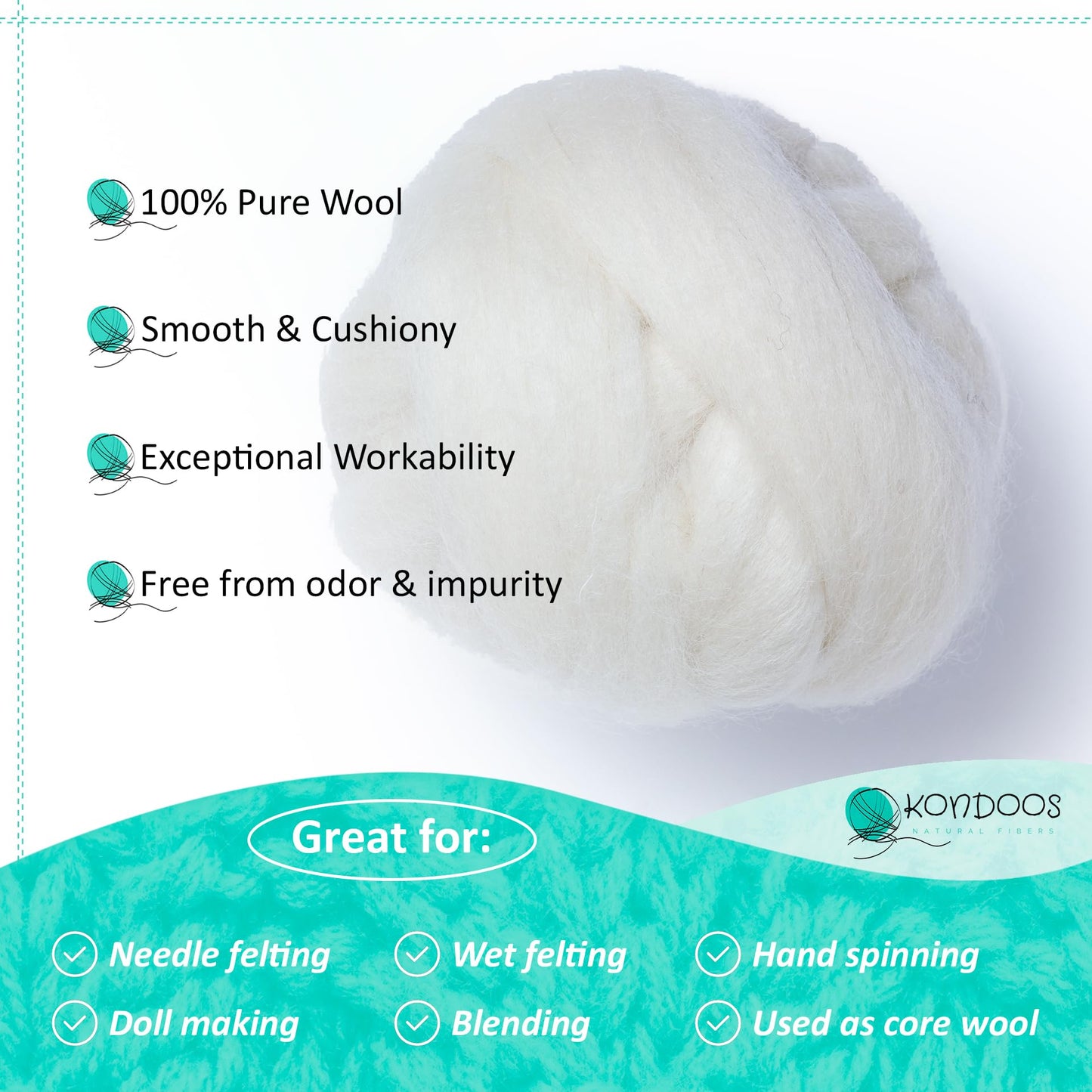 Kondoos Natural Wool roving, 8 OZ. Best for Needle Felting, handcrafts and Spinning. Natural Colours, un-Dyed. Wool Yarn, Felting Core, Carded Stuffing White Ecru, 8 oz