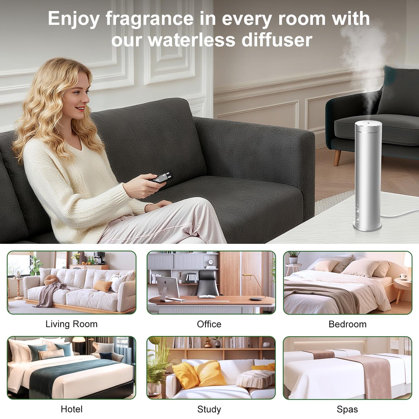 WEKELL Waterless Essential Oil Diffuser Large Room Scent Diffuser for Home, Office, Hotel and Spas - Aromatherapy Diffuser Fragrance Oil Machine, Remote Control, Timer, Silver