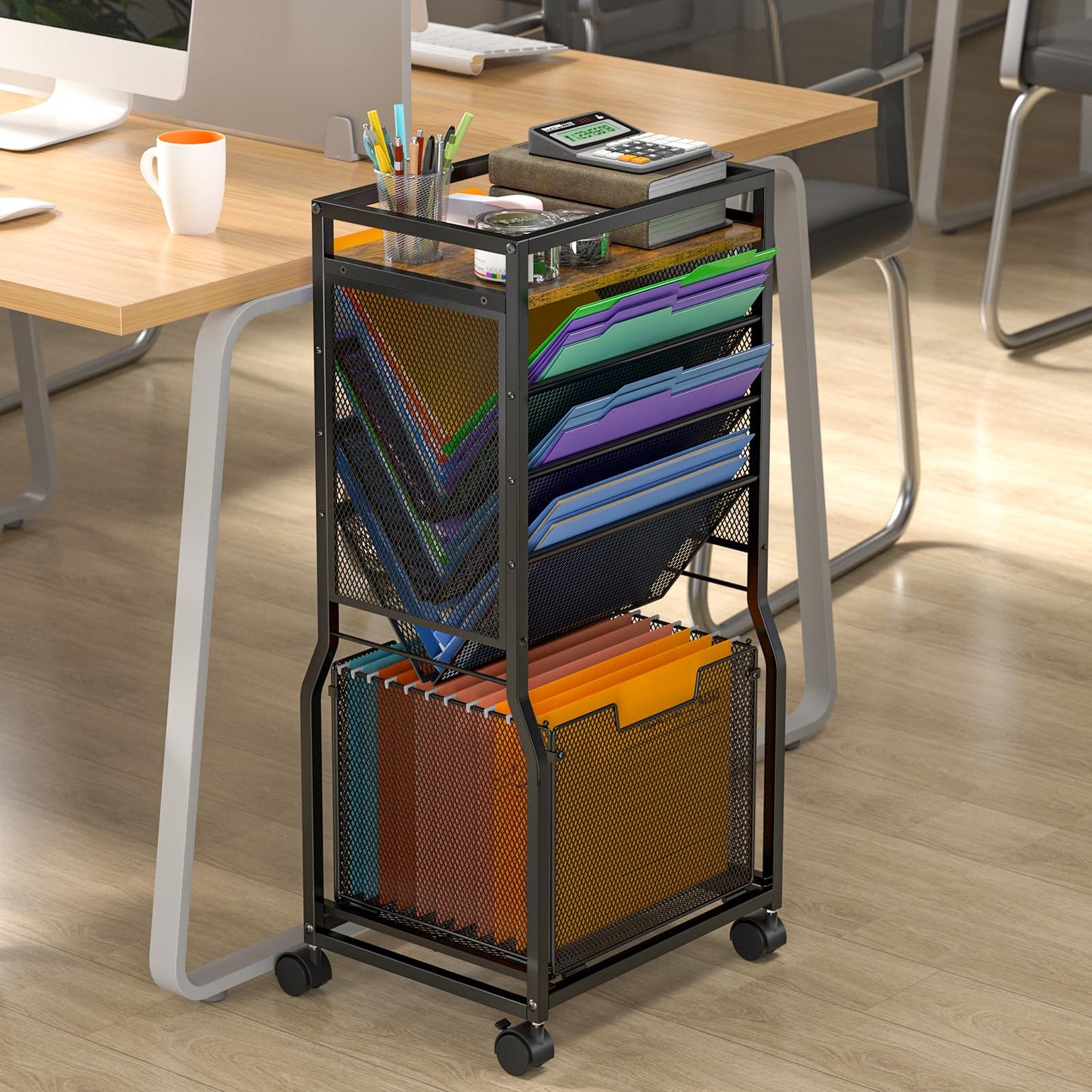 DAOUTIME 8 Tier Rolling File Cart with Hanging File Folder Organizer, Mobile File Organizer with 2 Sides Access Bookcase, Beside/Under Desk Cart with Wheels for Office Home School