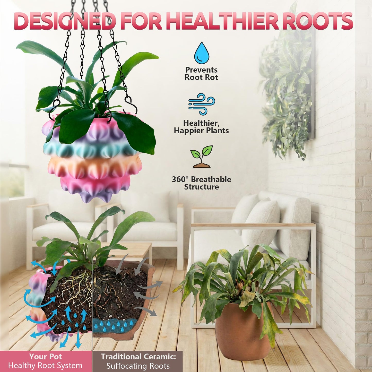 Enhon 7 Inch Hanging Planters for Indoor Plants, Unique Hanging Pots for Plants with Drainage and Hanger Baskets Hangers, Spiked Orb Plant Hanger, Silky Rainbow Finish
