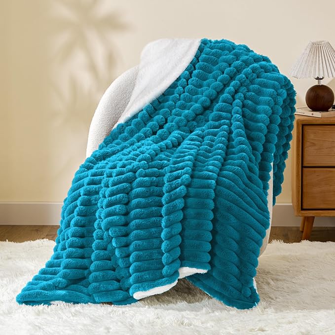 INFIIXSO Sherpa Throw Blanket for Couch - Super Soft & Warm Striped Fleece Blanket, Cozy Plush Fluffy Blanket All Season Use (Teal, 60x80 Inches)